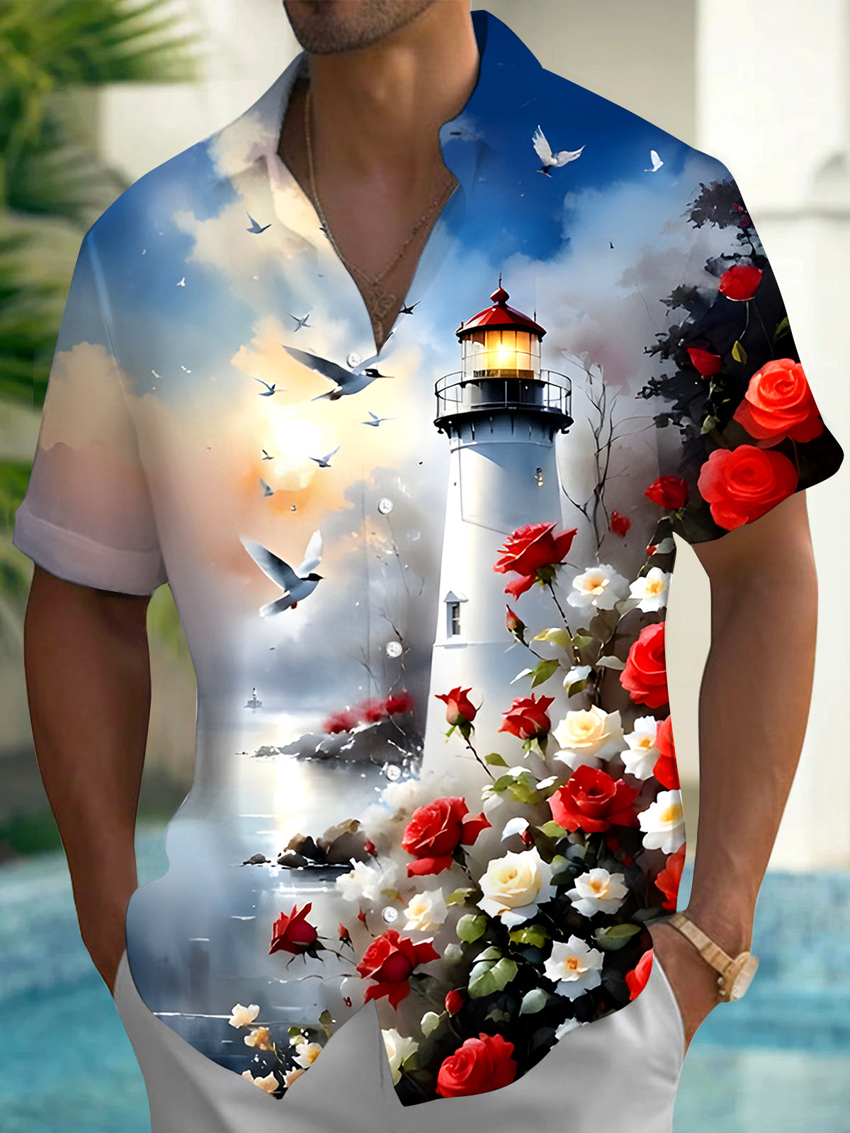 Lighthouse Floral Men's Pocket Short Sleeve Shirts
