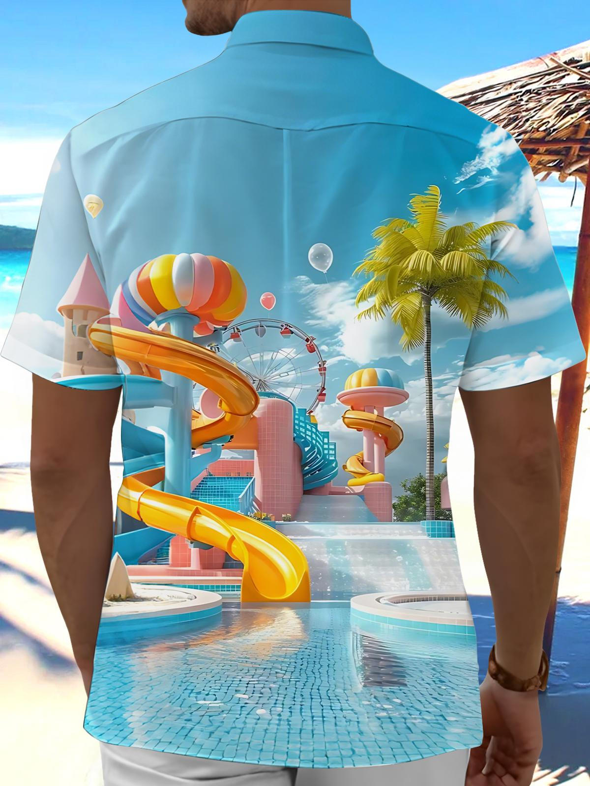 Water Park Print Men's Pocket Short Sleeve Shirts