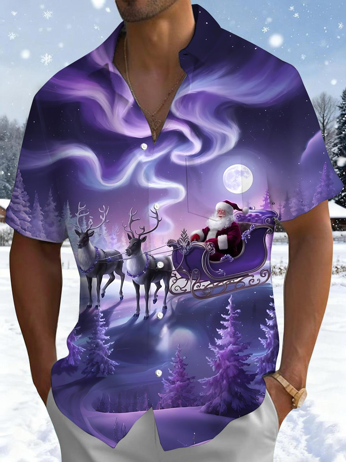 Christmas Santa Claus Print Men's Pocket Short Sleeve Shirts