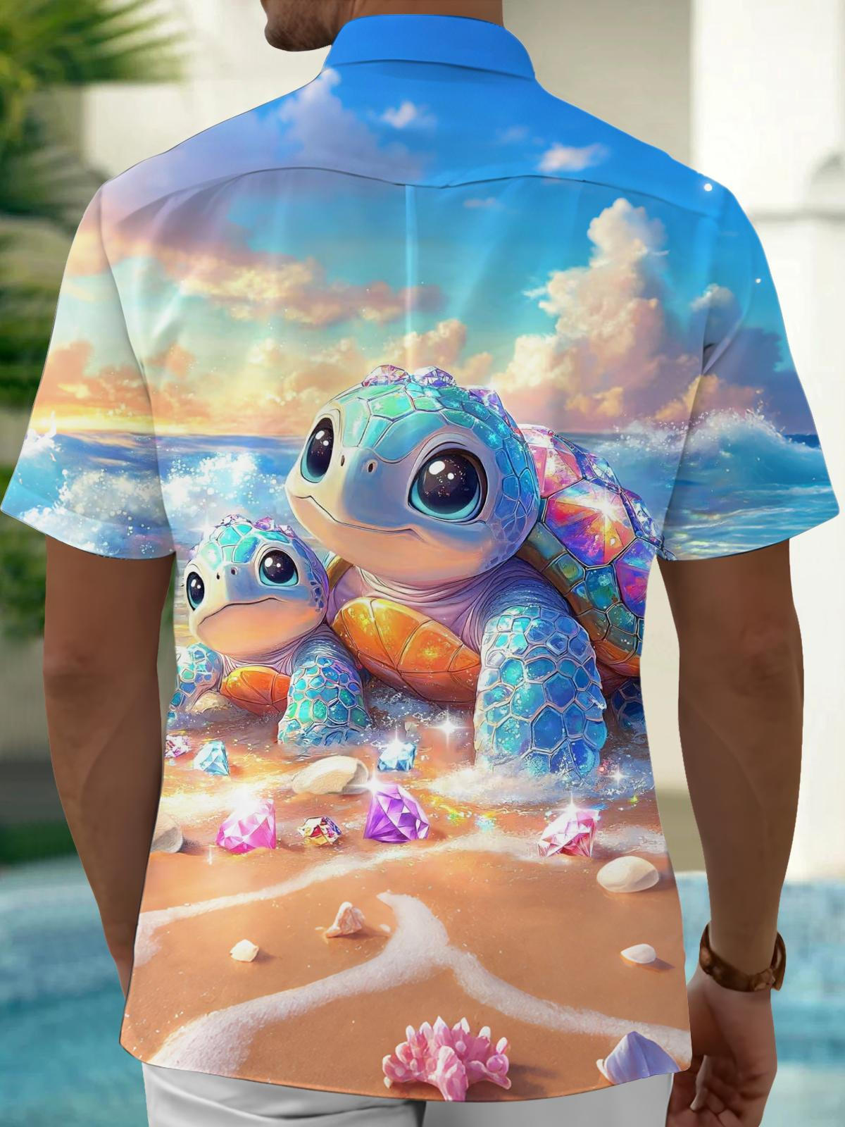 Turtle Print Men's Pocket Short Sleeve Shirts