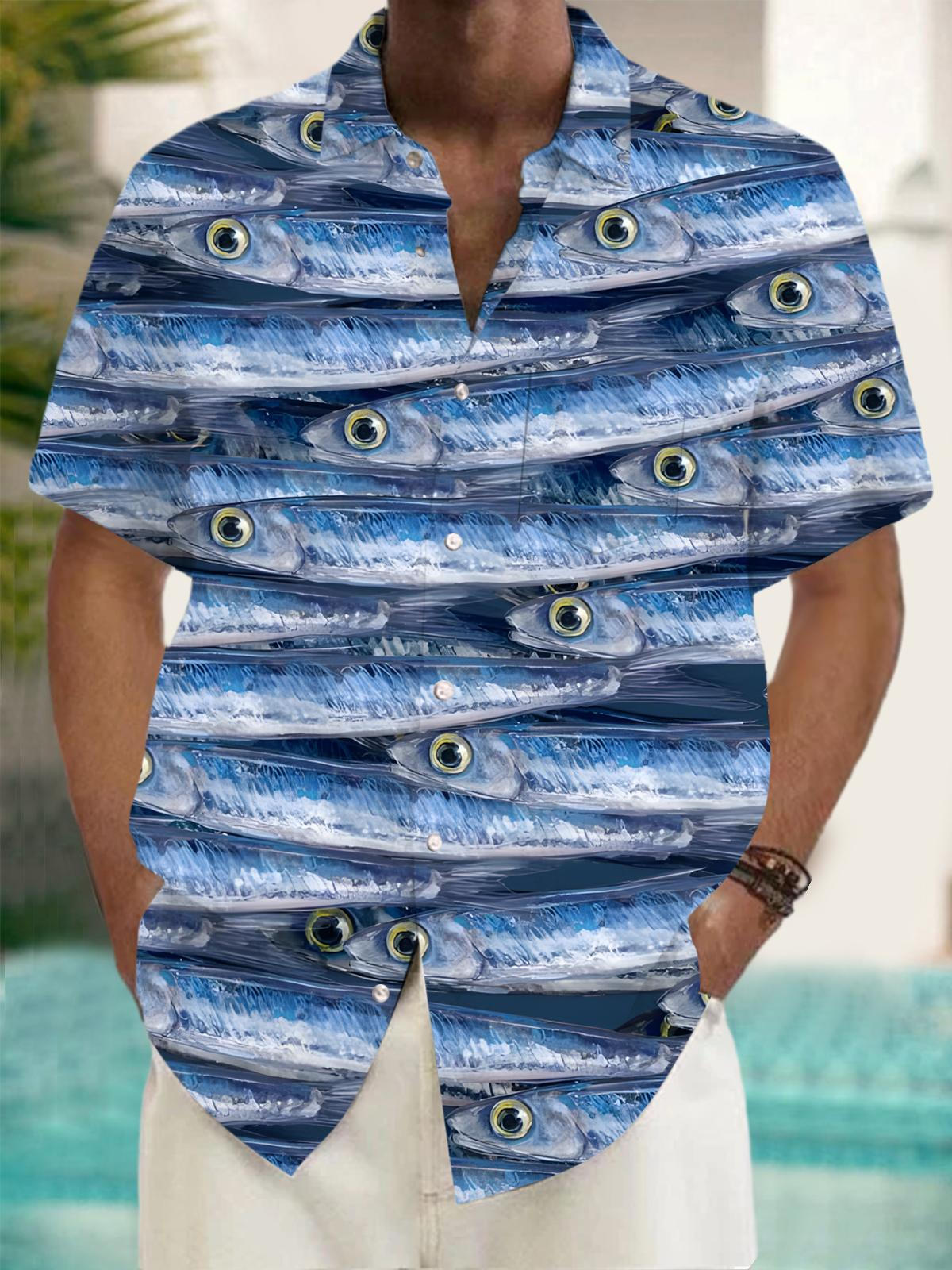 Fish Print Men's Pocket Short Sleeve Shirts