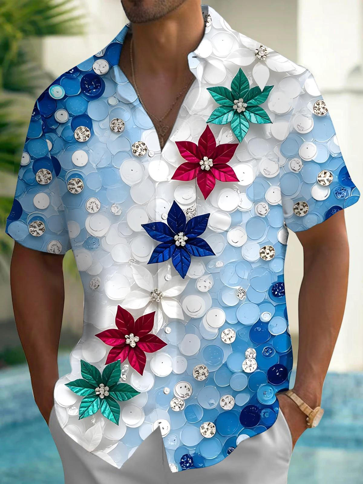 Floral Print Men's Pocket Short Sleeve Shirts