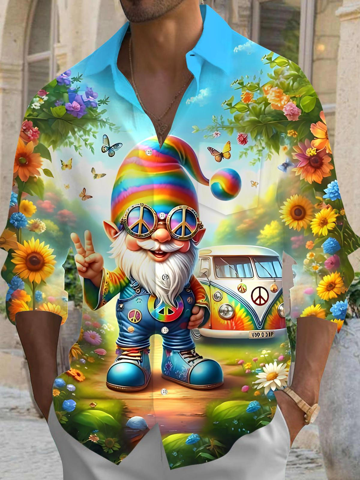 Hippie Gnome Peace Sign Art Print Men's Pocket Long Sleeve Shirts