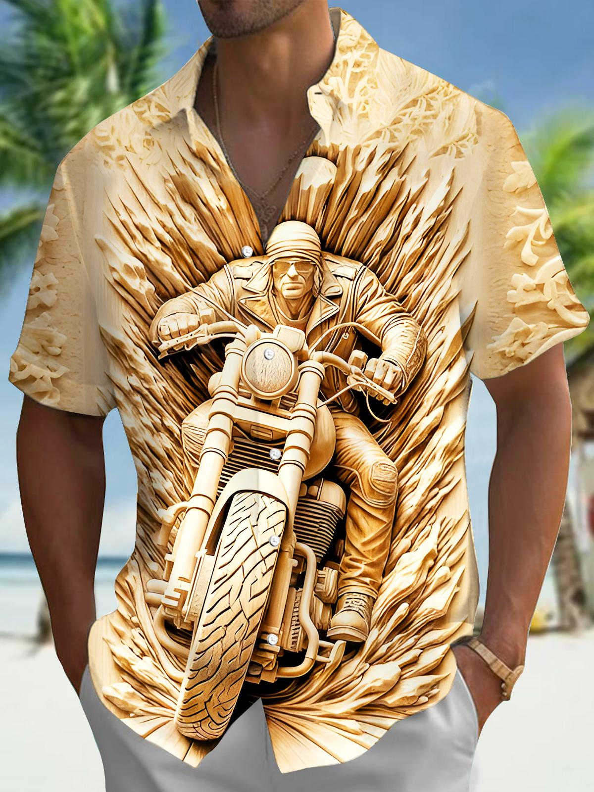 Art Engraved Motorcycle Men's Pocket Short Sleeve Shirts