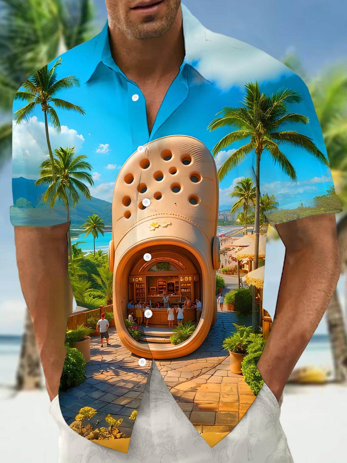 Fun Hawaiian Coconut Tree Clogs Men's Pocket Short Sleeve Shirts