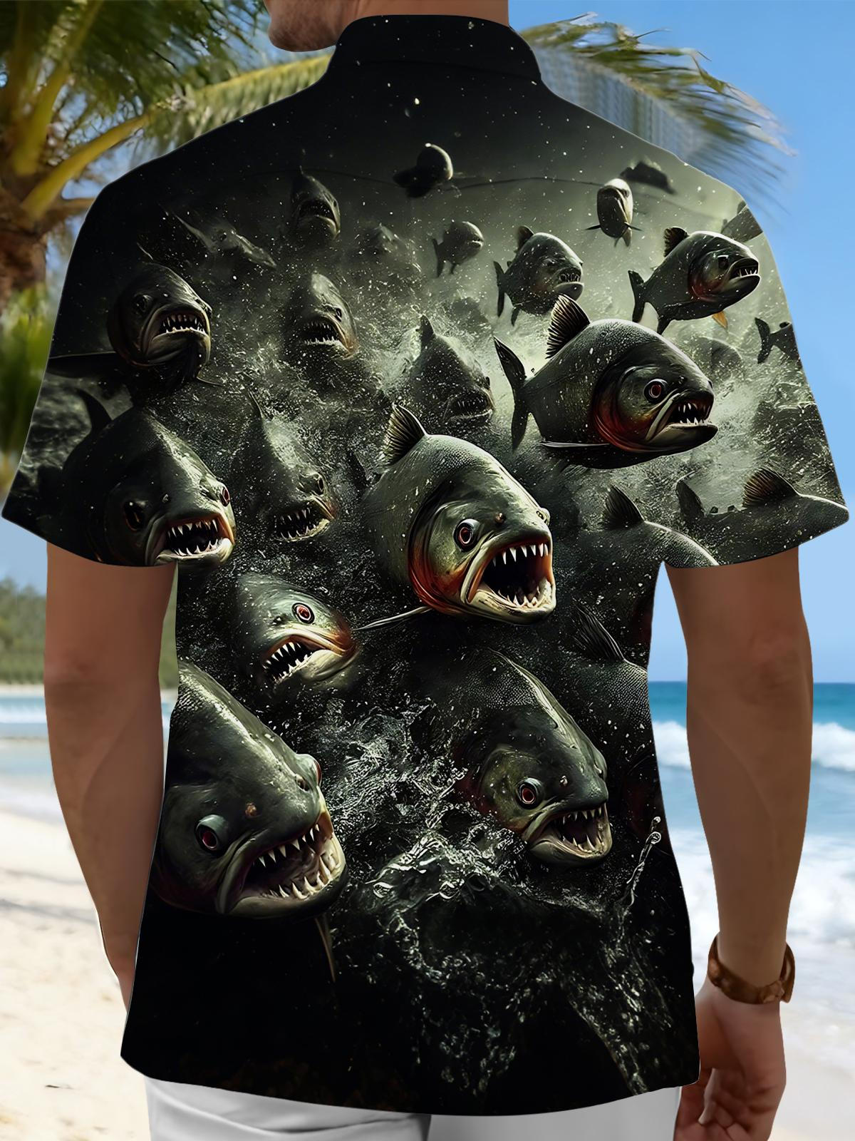 Piranhas Print Men's Pocket Short Sleeve Shirts