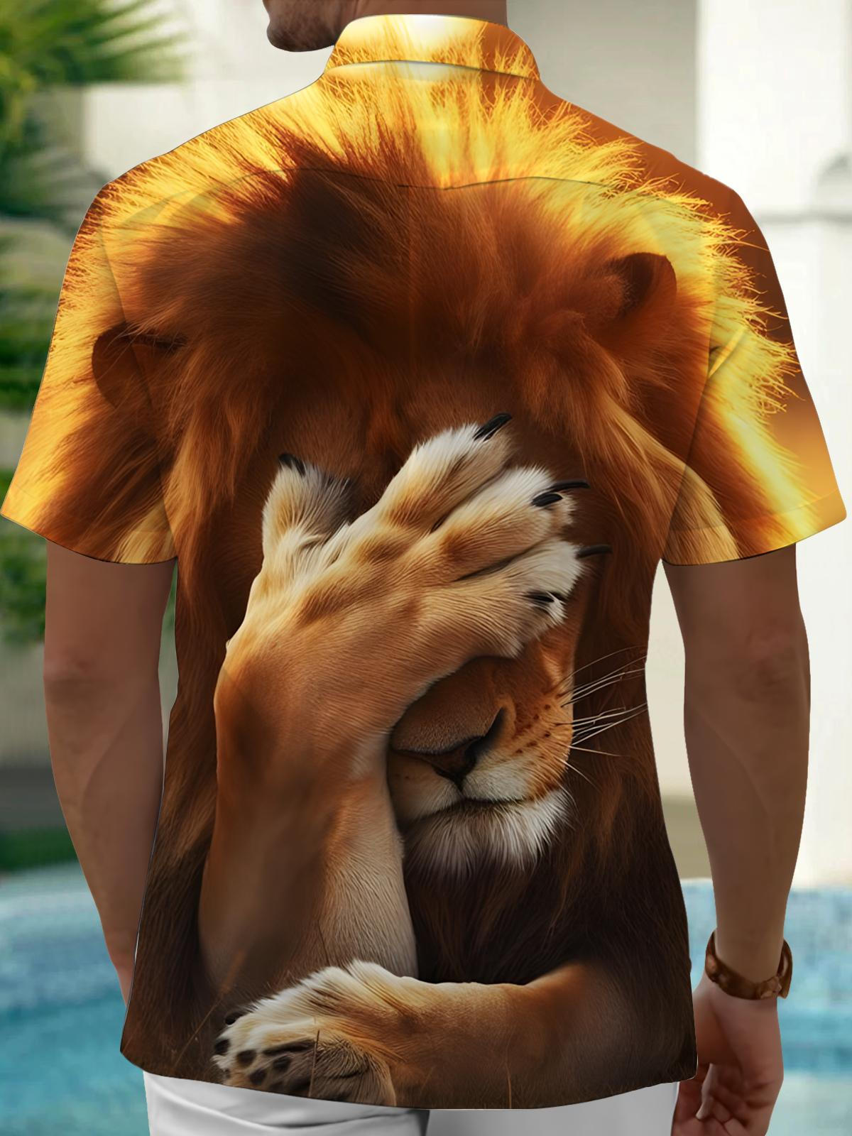 Lion Print Men's Pocket Short Sleeve Shirts
