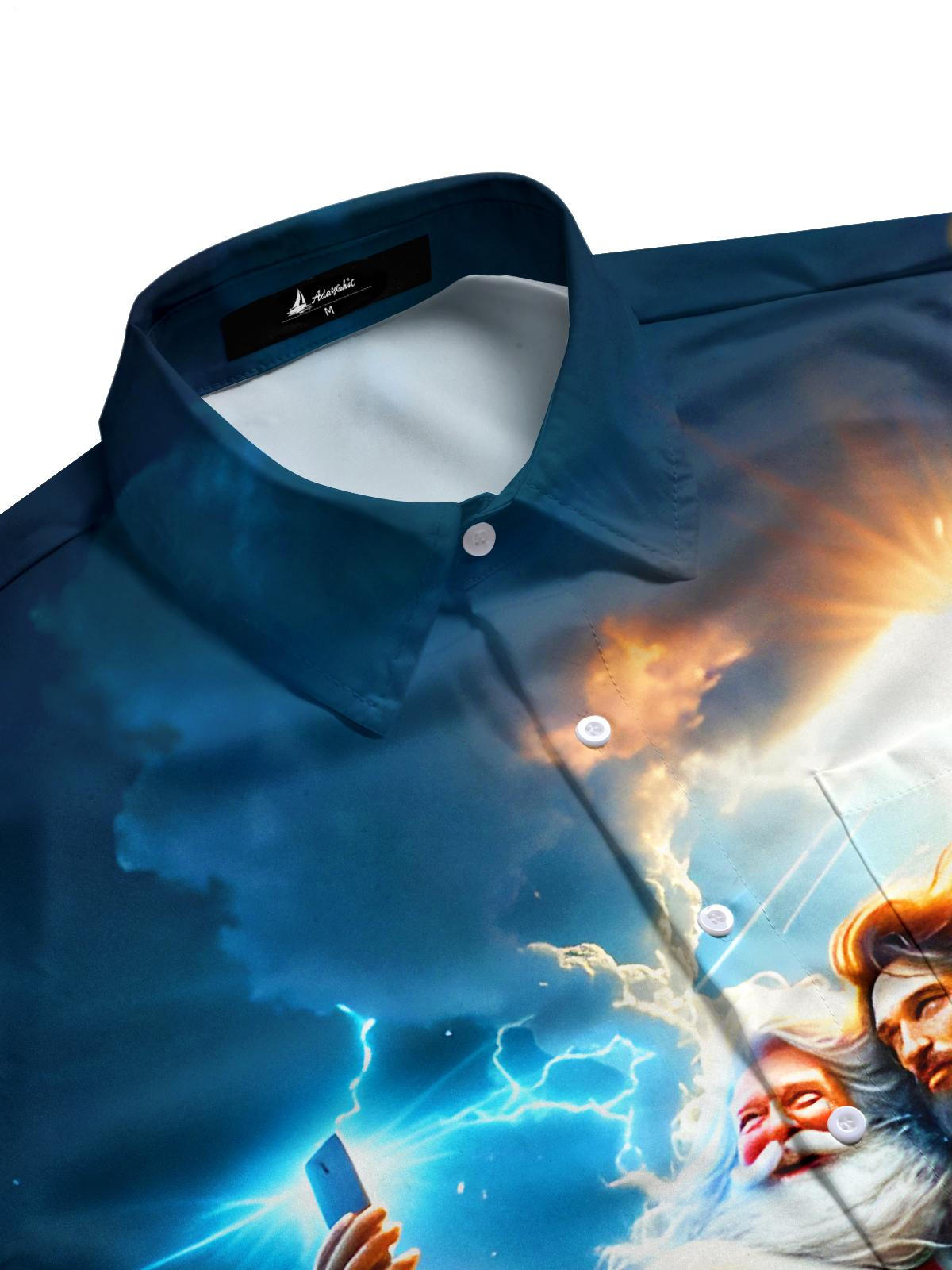 Fun Christmas Santa Claus Jesus Selfie Xmas Men's Pocket Short Sleeve Shirts