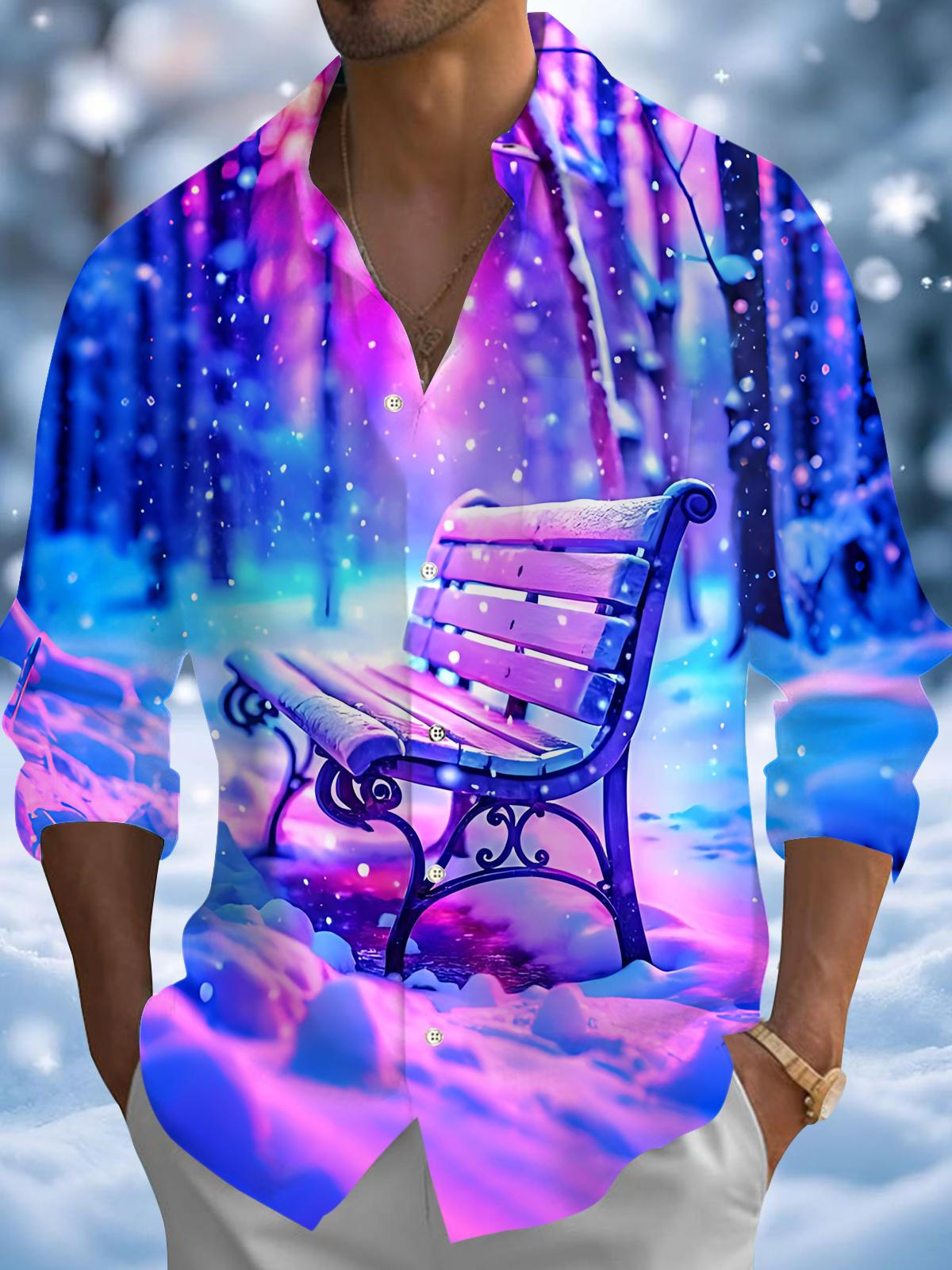 Winter Snowflake Bench Print Men's Pocket Long Sleeve Shirts