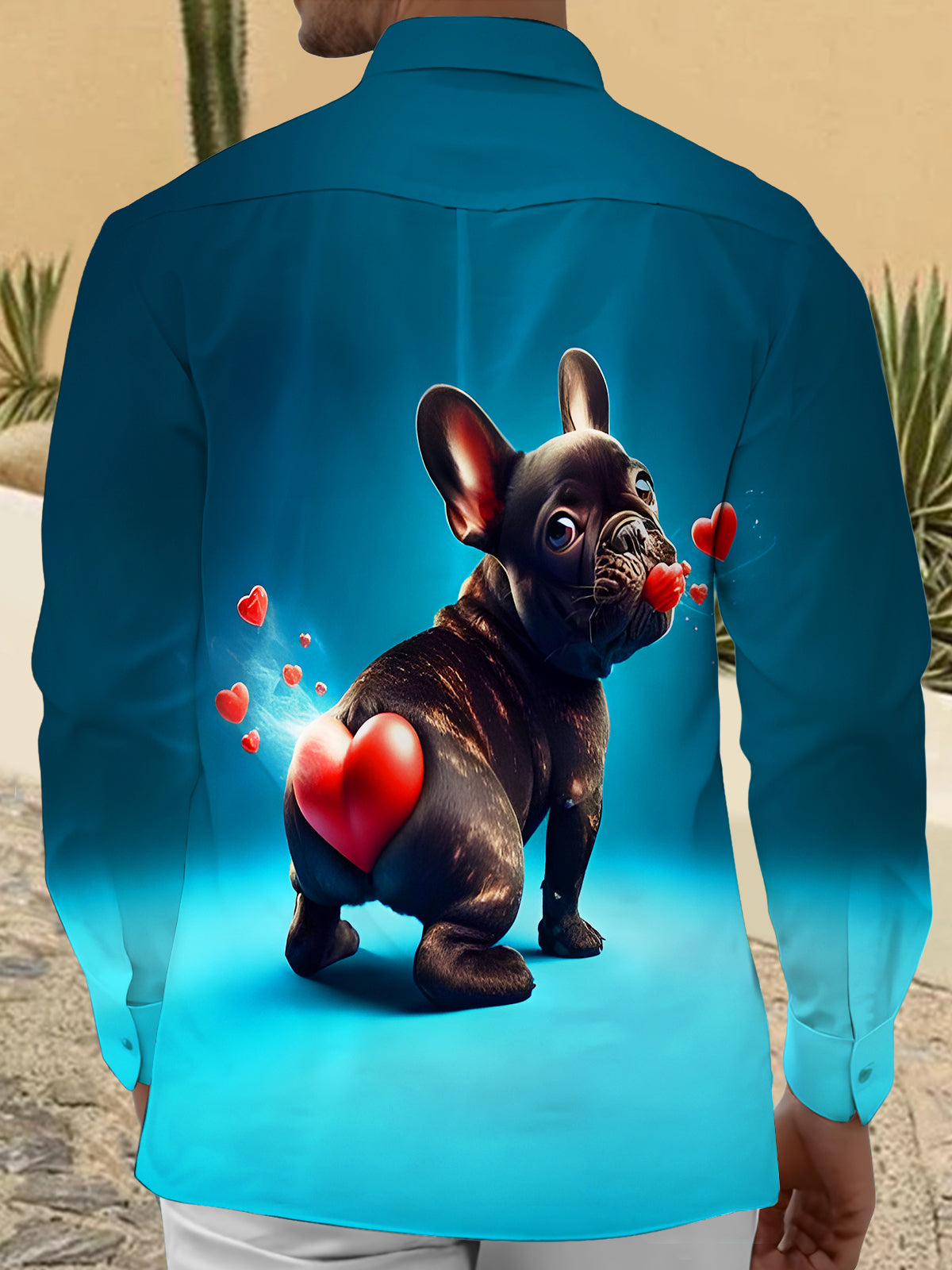 Funny Gradient Love Puppy Men's Pocket Long Sleeve Shirts