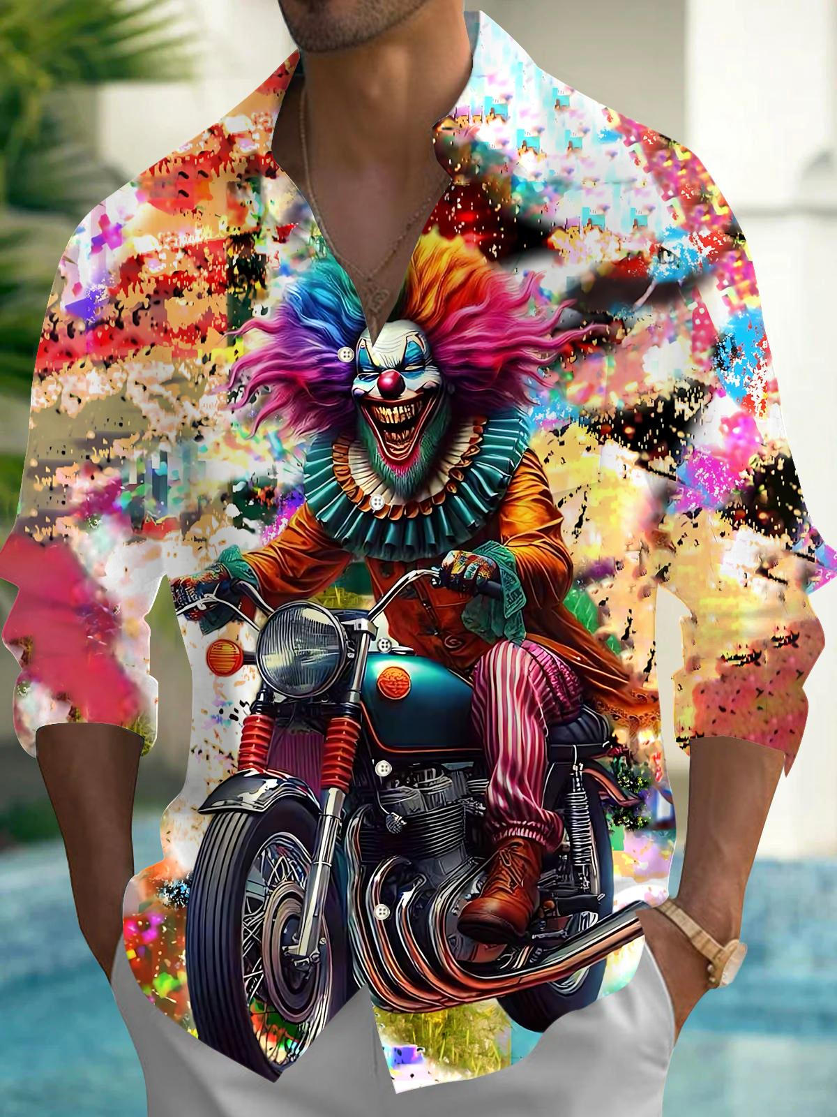 Clown Motorcycle Print Men's Pocket Long Sleeve Shirts