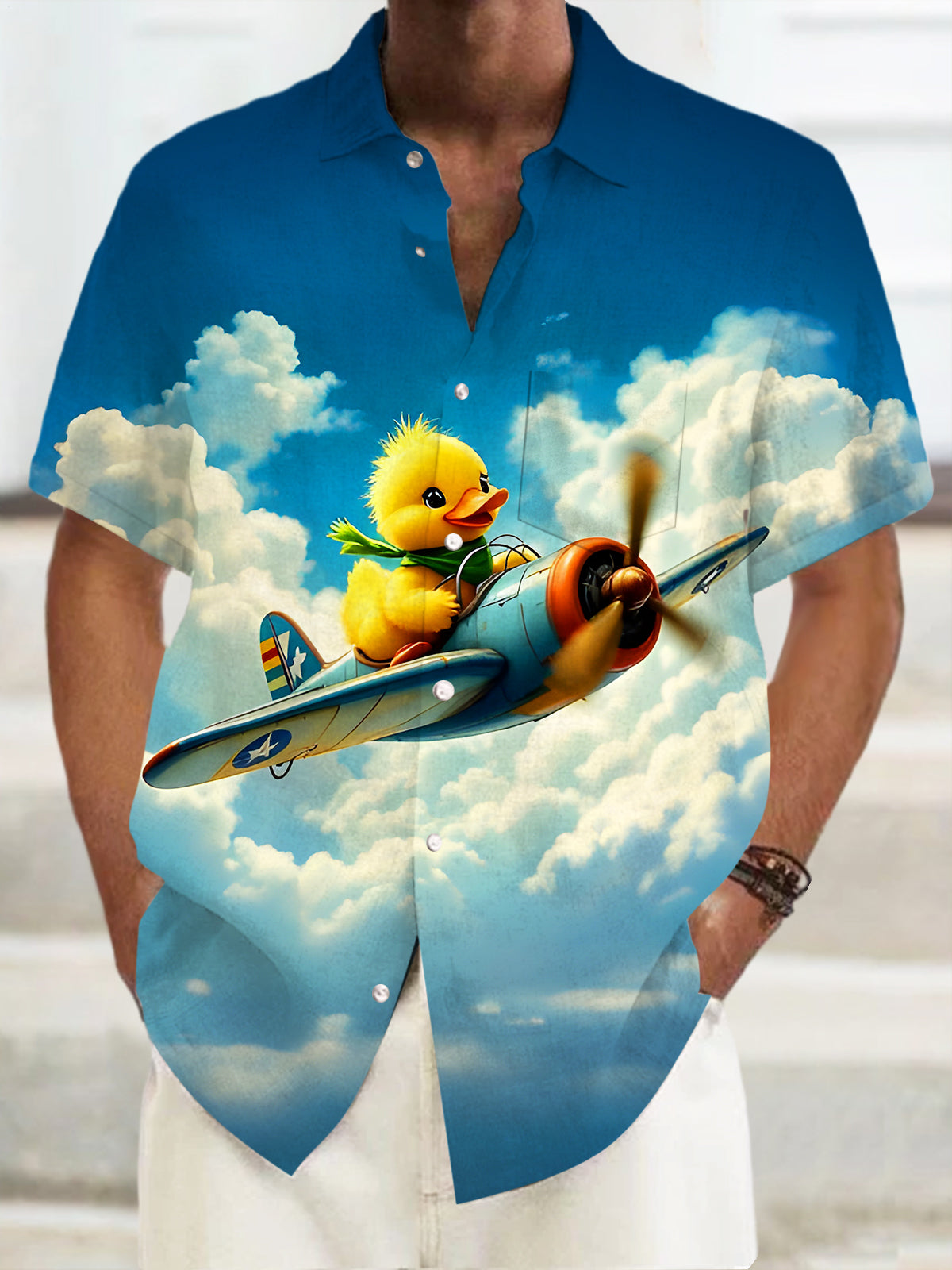 Fun Little Yellow Duck Flying Airplane Men's Pocket Short Sleeve Shirts