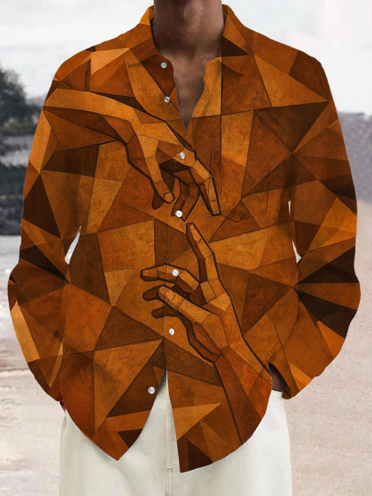 Geometric Art Print Men's Pocket Long Sleeve Shirts