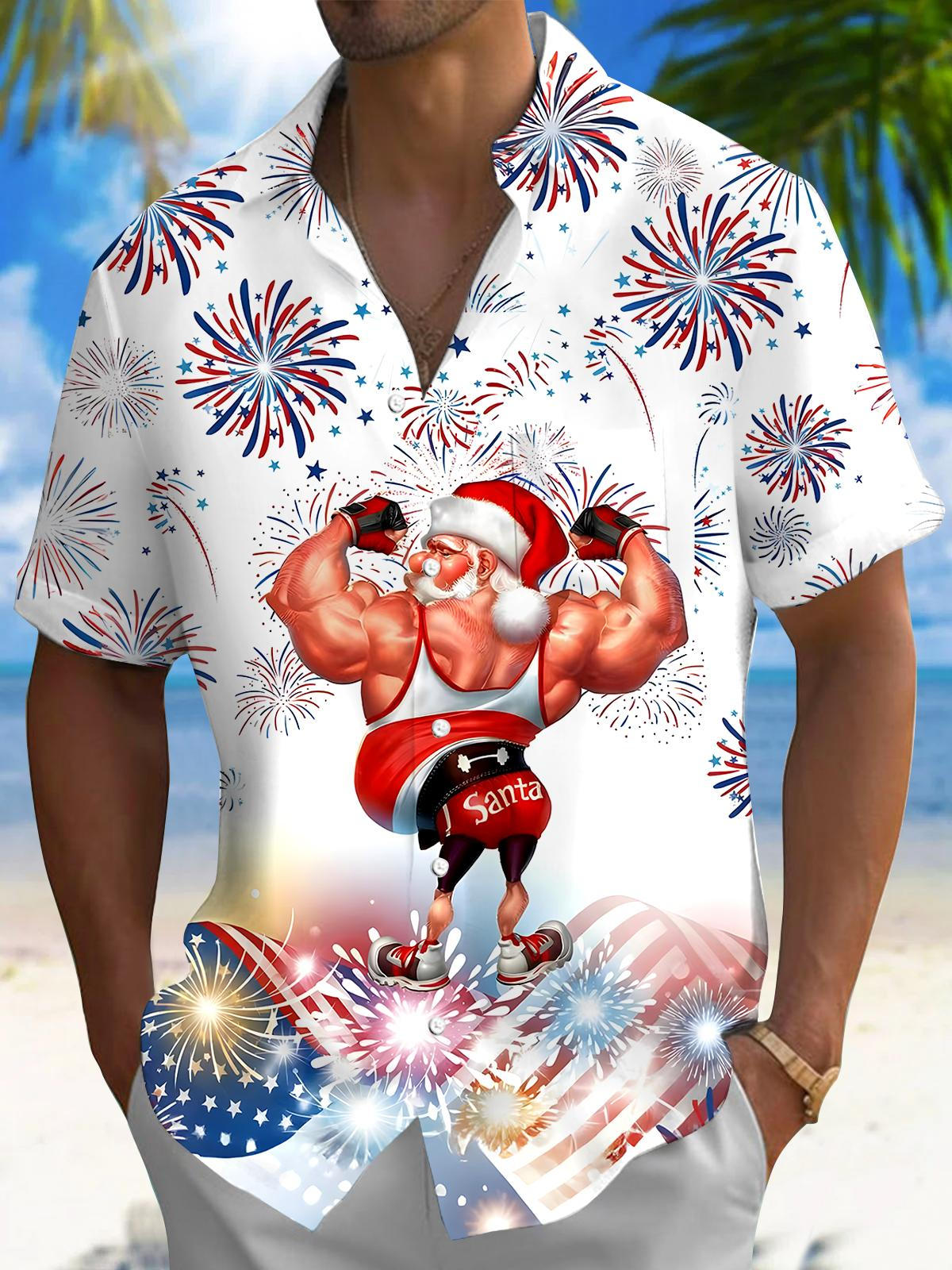 Independence Day Fireworks Muscle Santa Claus Men's Pocket Short Sleeve Shirts