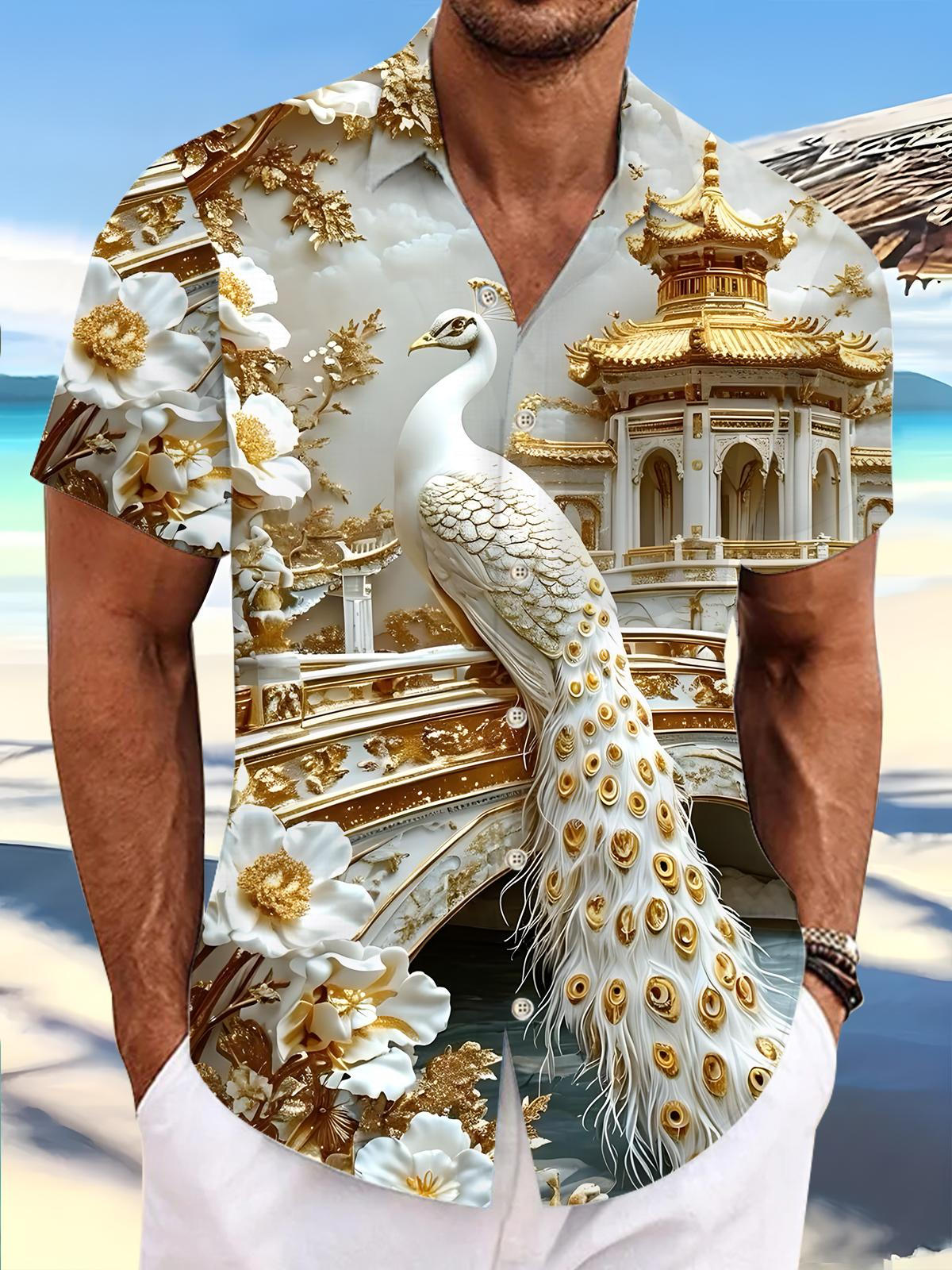 Peacock Art Print Men's Pocket Short Sleeve Shirts