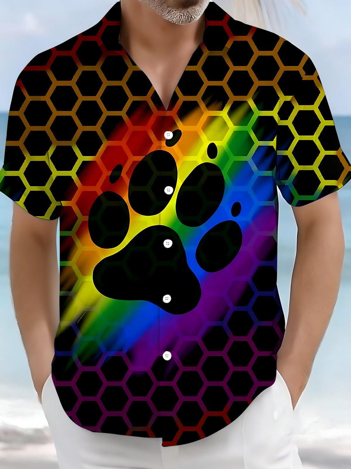 Paw Rainbow Geometric Print Men's Pocket Short Sleeve Shirts