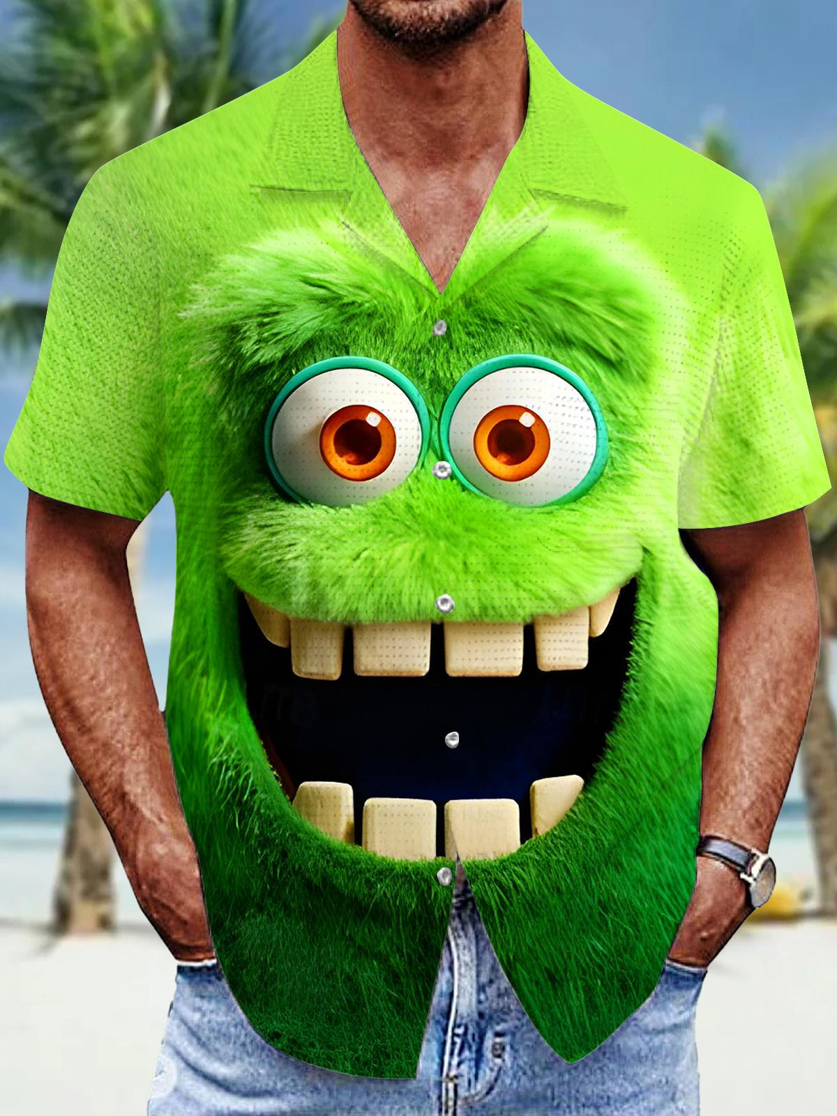 Funny Green Monster Men's Pocket Short Sleeve Cuban Collar Shirts