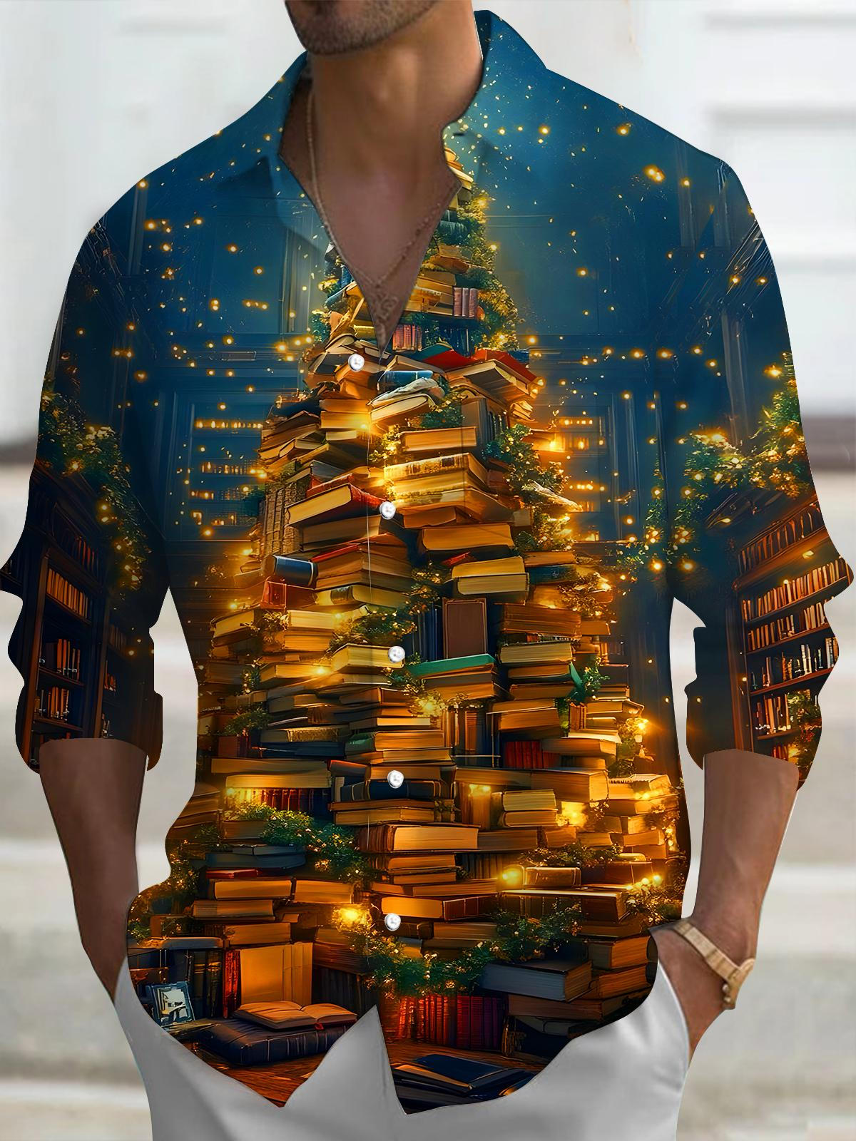 Book Christmas Tree Xmas Men's Pocket Long Sleeve Shirts