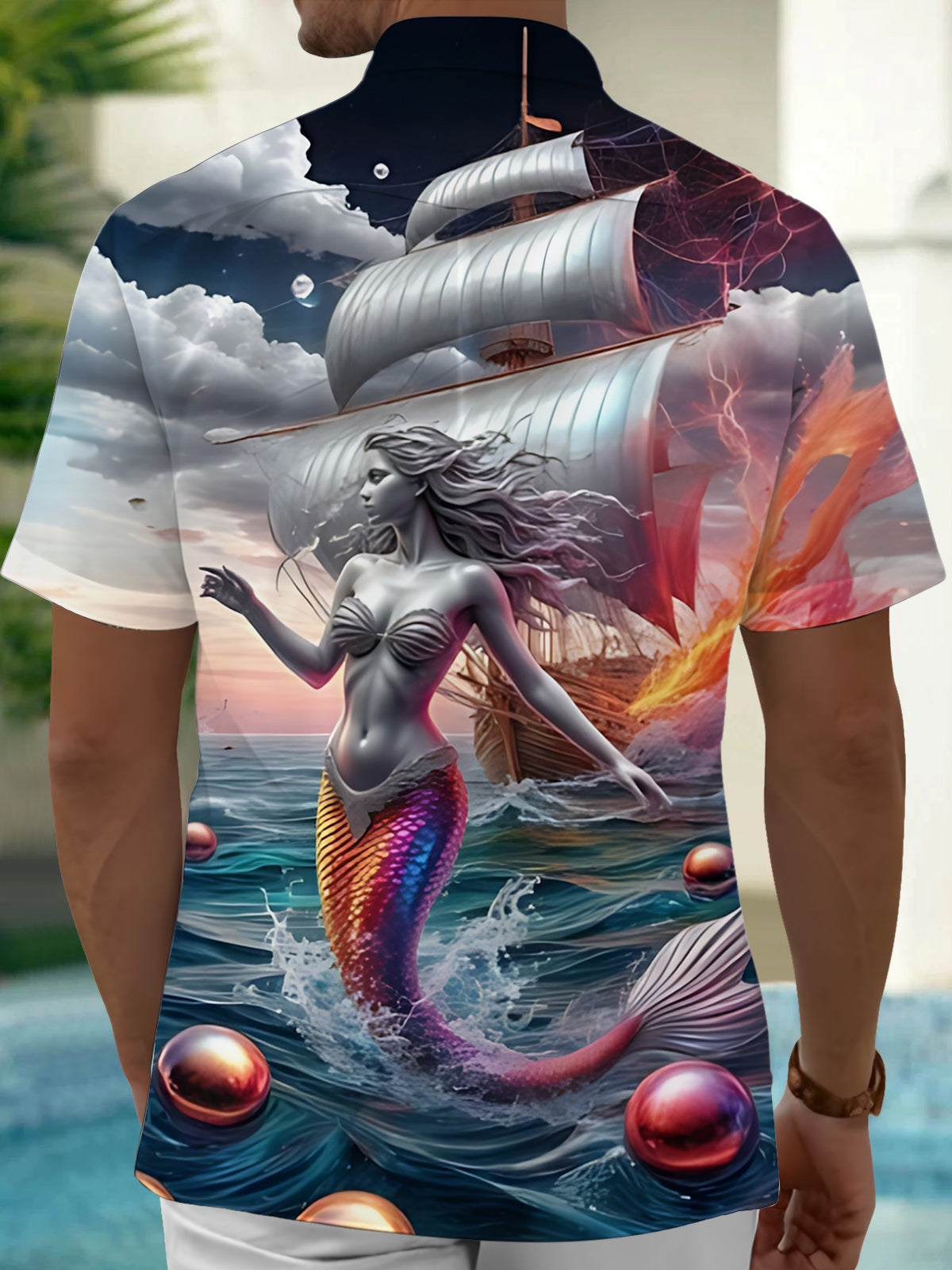 Ocean Mermaid Boat Print Men's Pocket Short Sleeve Shirts