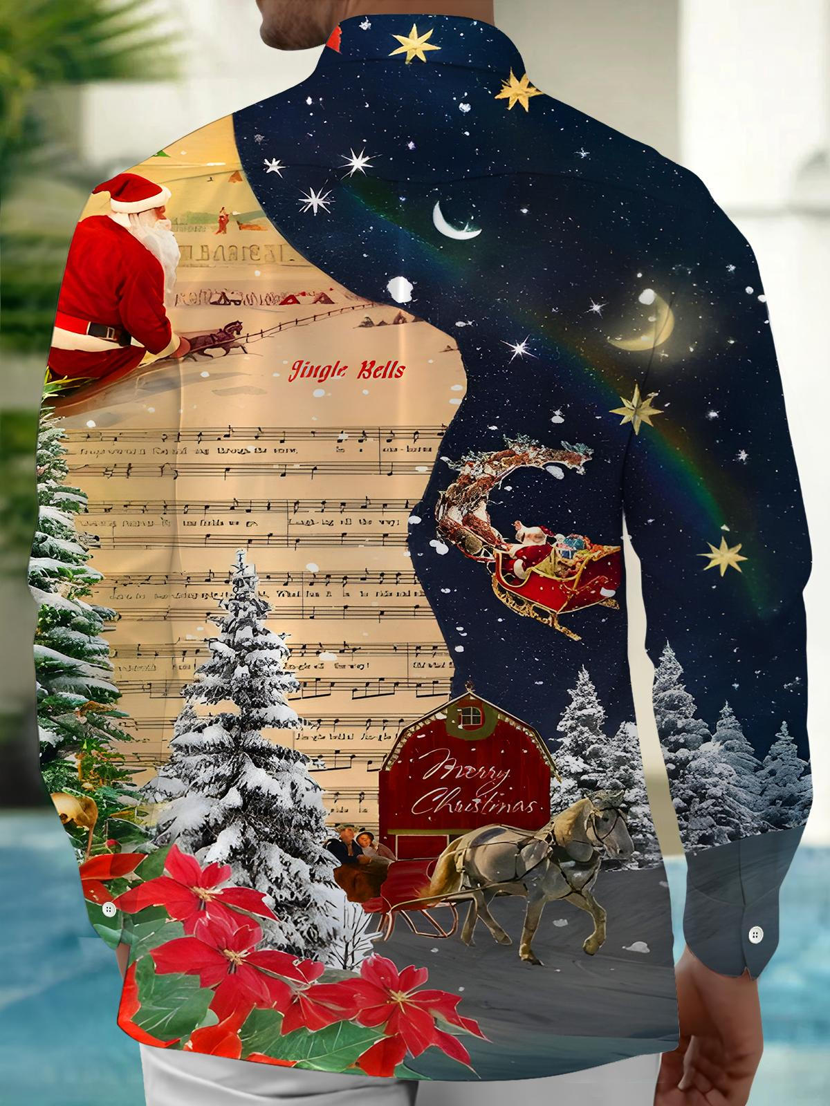 Funny Christmas Song Sheet Music Santa Claus Xmas Men's Pocket Long Sleeve Shirts