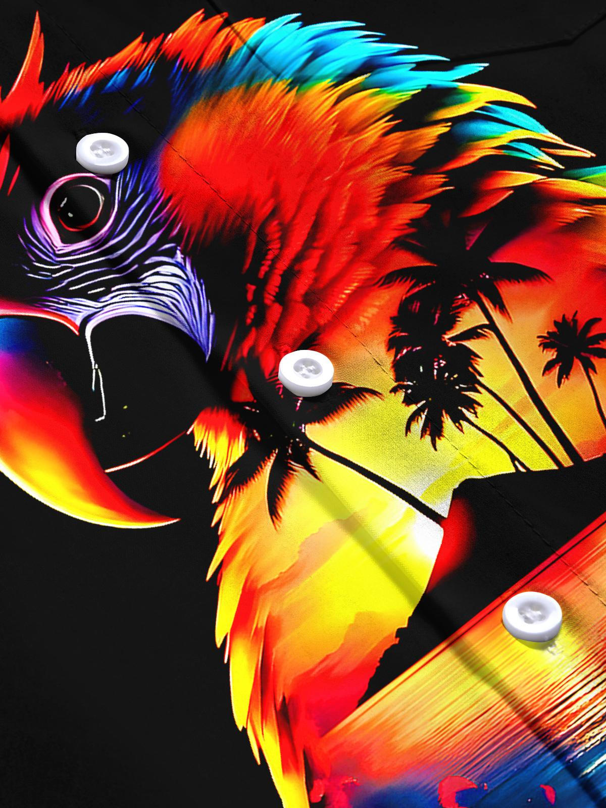 Parrot Coconut Tree Sunset Men's Pocket Short Sleeve Shirts