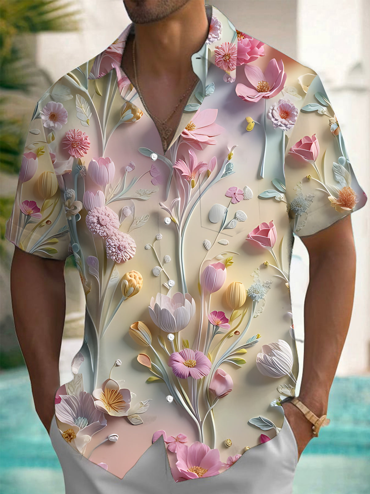 Floral Art Print Men's Pocket Short Sleeve Shirts