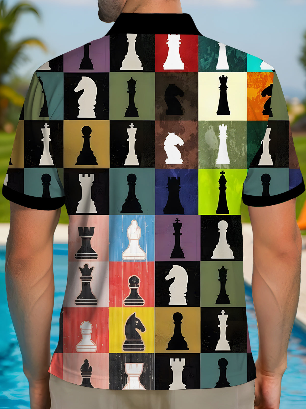 Chess Print Men's Short Sleeve Button Polo Shirt