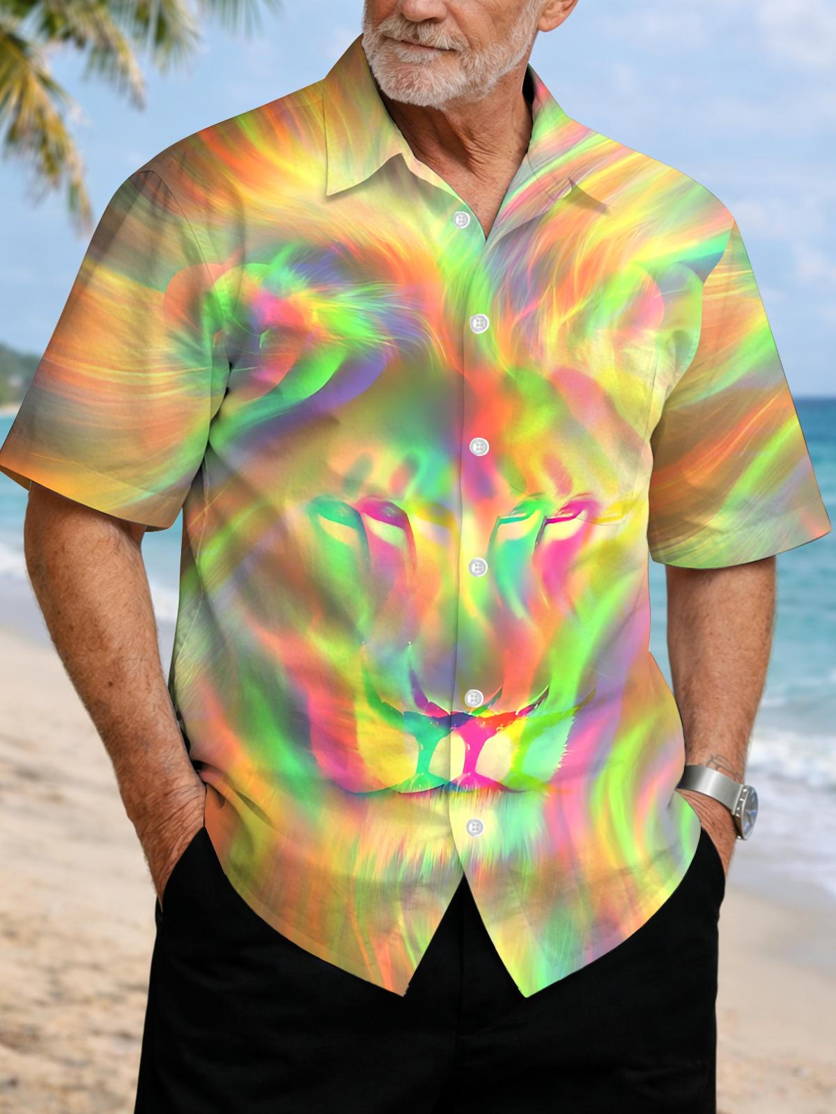 Gradient Lion Print Men's Pocket Short Sleeve Shirts