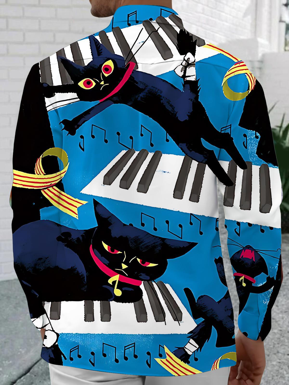 Funny Cat Piano Print Men's Pocket Long Sleeve Shirts