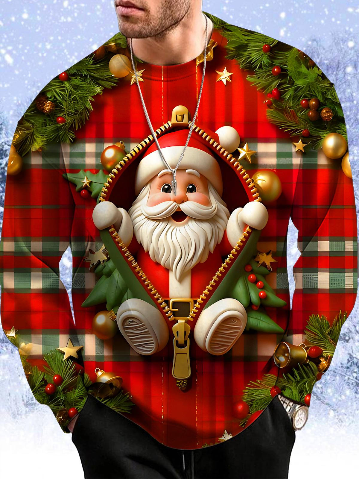 Funny Plaid Zipper Santa Claus Xmas Men's Print Round Neck Long Sleeve Sweatshirt