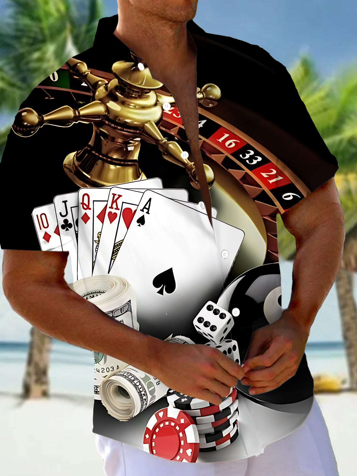 Poker Roulette Print Men's Pocket Short Sleeve Shirts