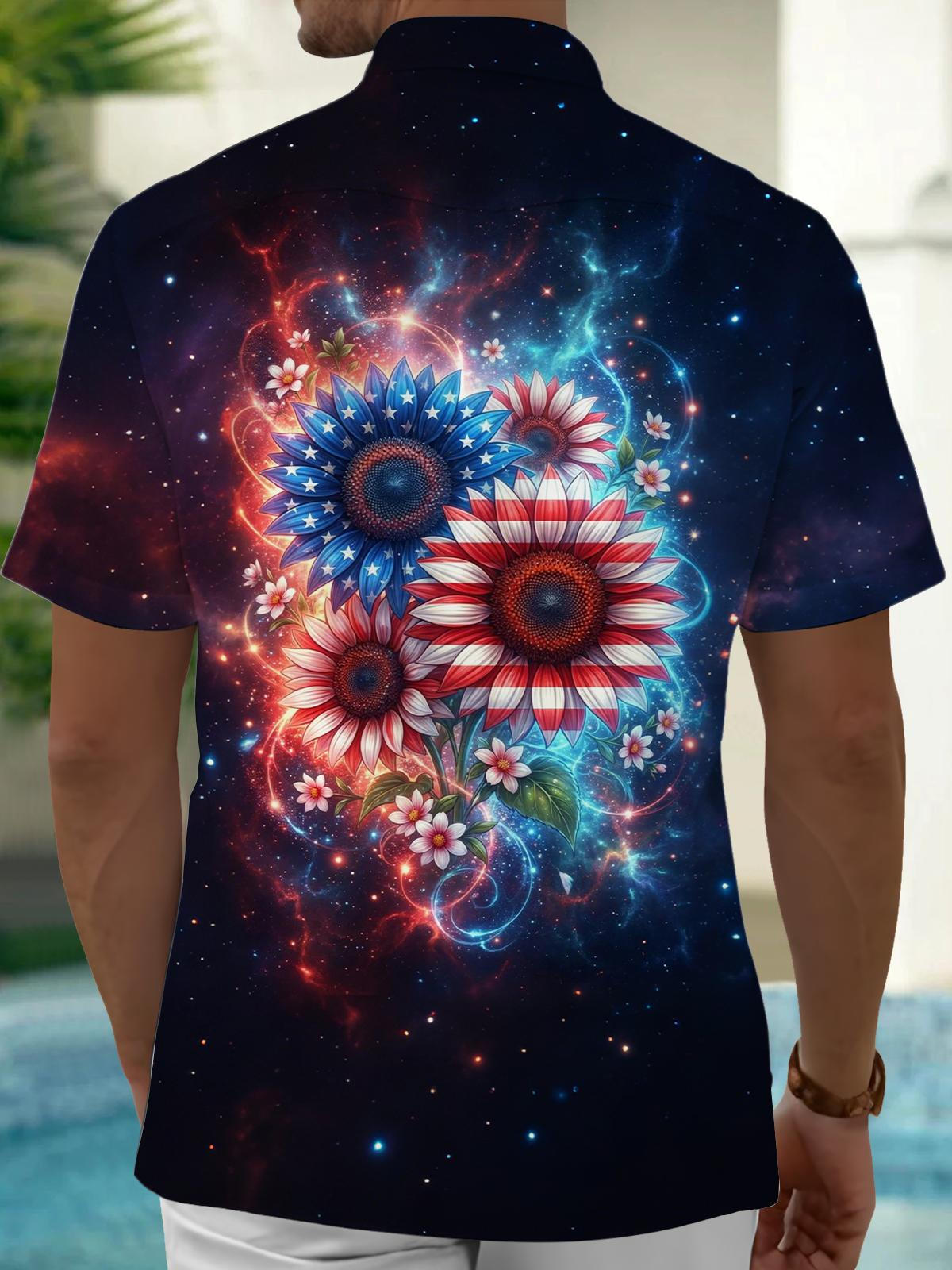 American Flag Sunflower Print Men's Pocket Short Sleeve Shirts