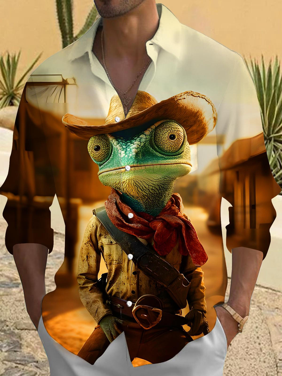 Funny Chameleon Western Cowboy Men's Pocket Long Sleeve Shirts