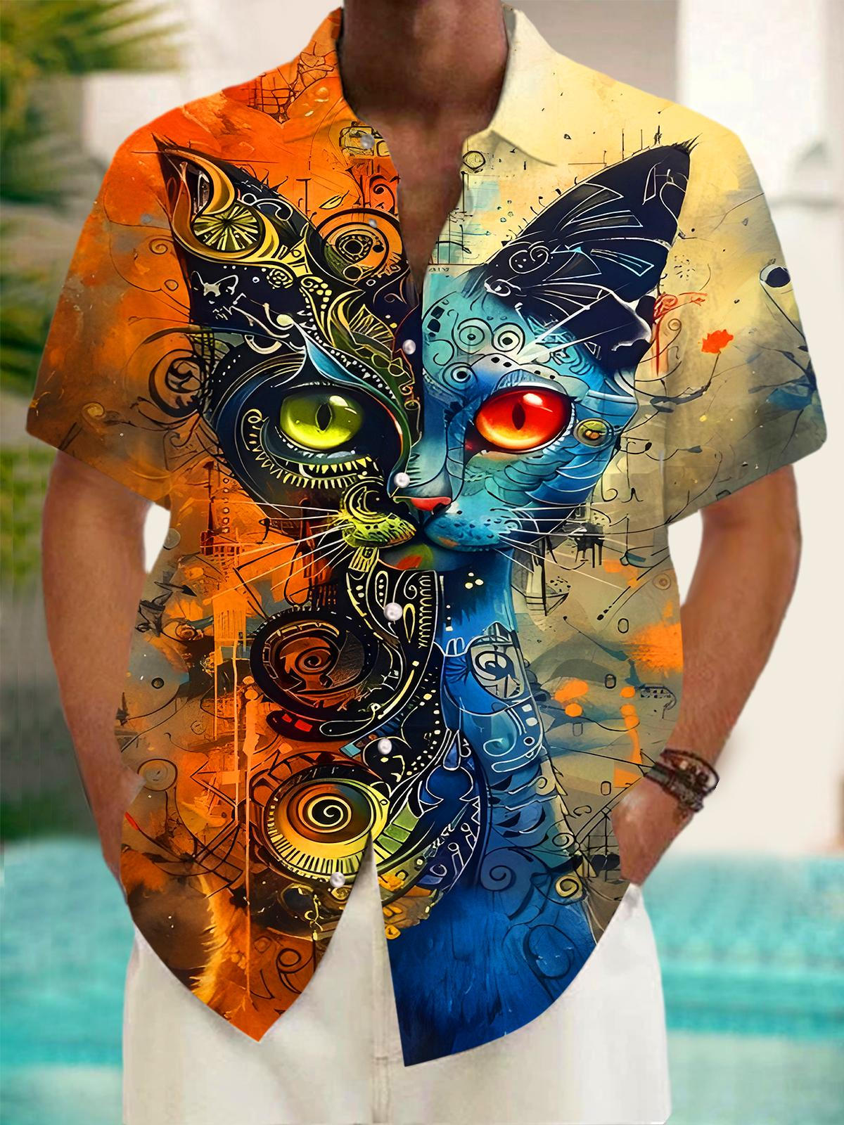 Cat Music Notes Piano Men's Pocket Short Sleeve Shirts