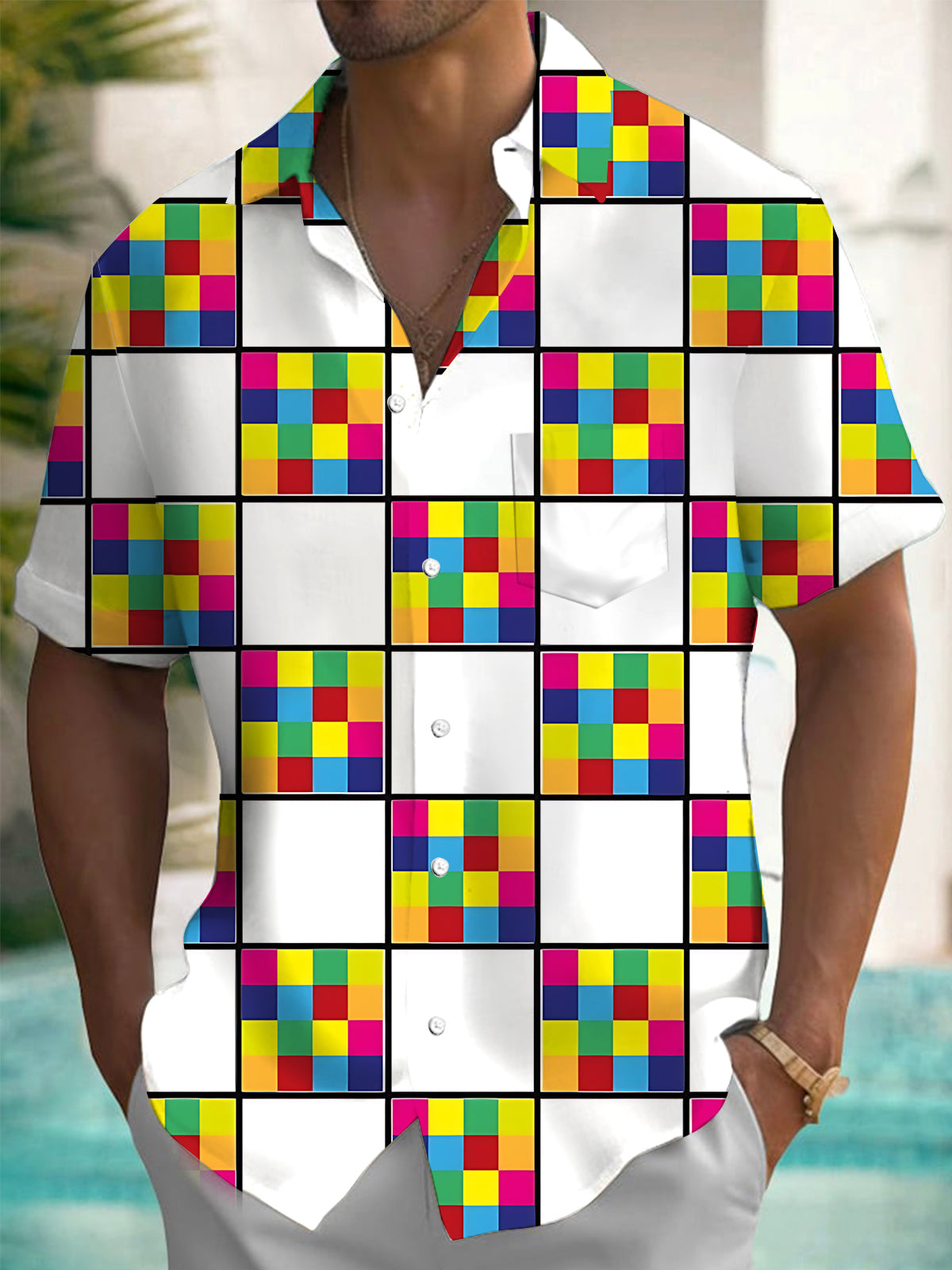 Geometric Square Print Men's Pocket Short Sleeve Shirts