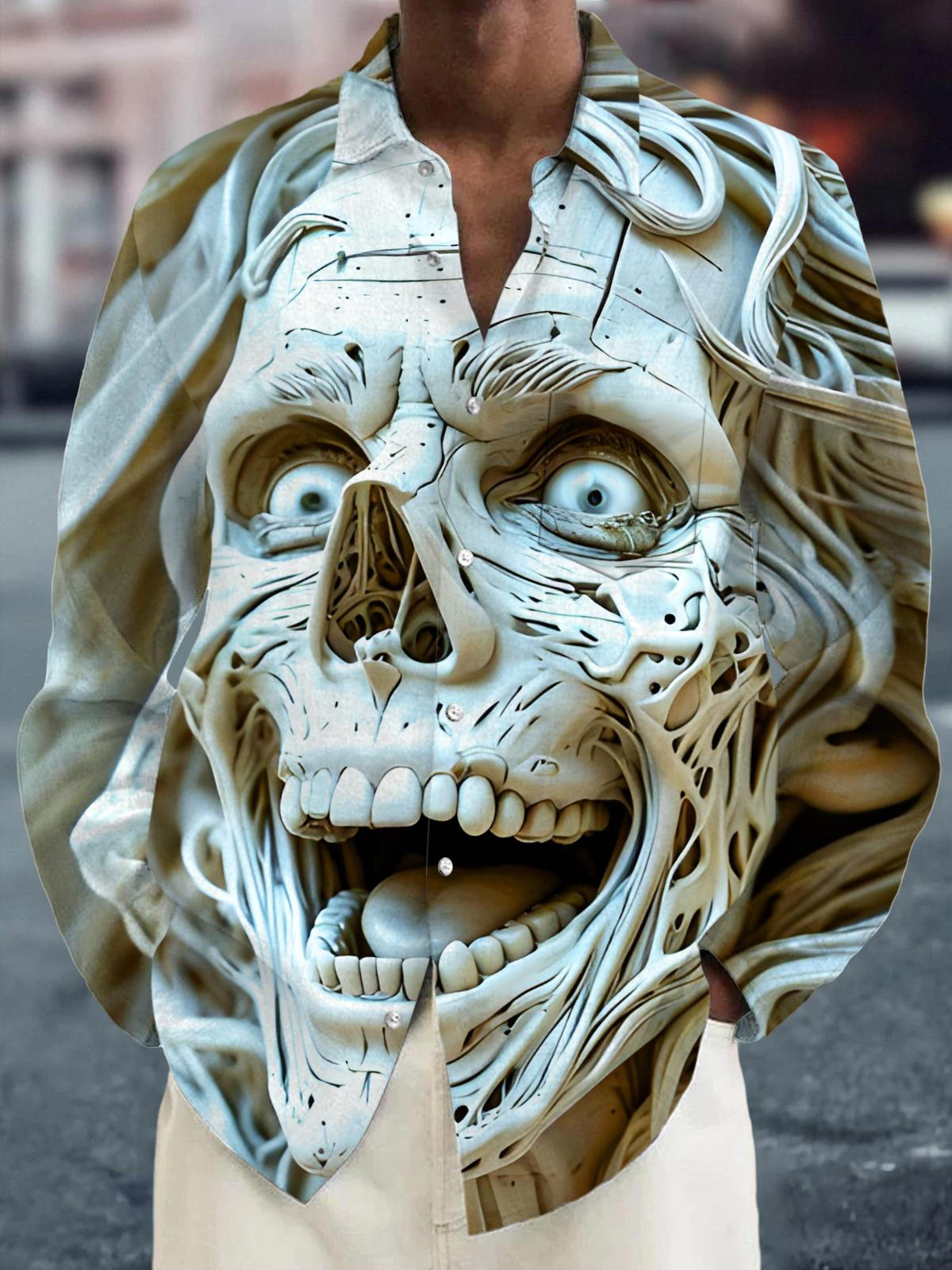 Funny Skull Art Relief Halloween Men's Pocket Long Sleeve Shirts