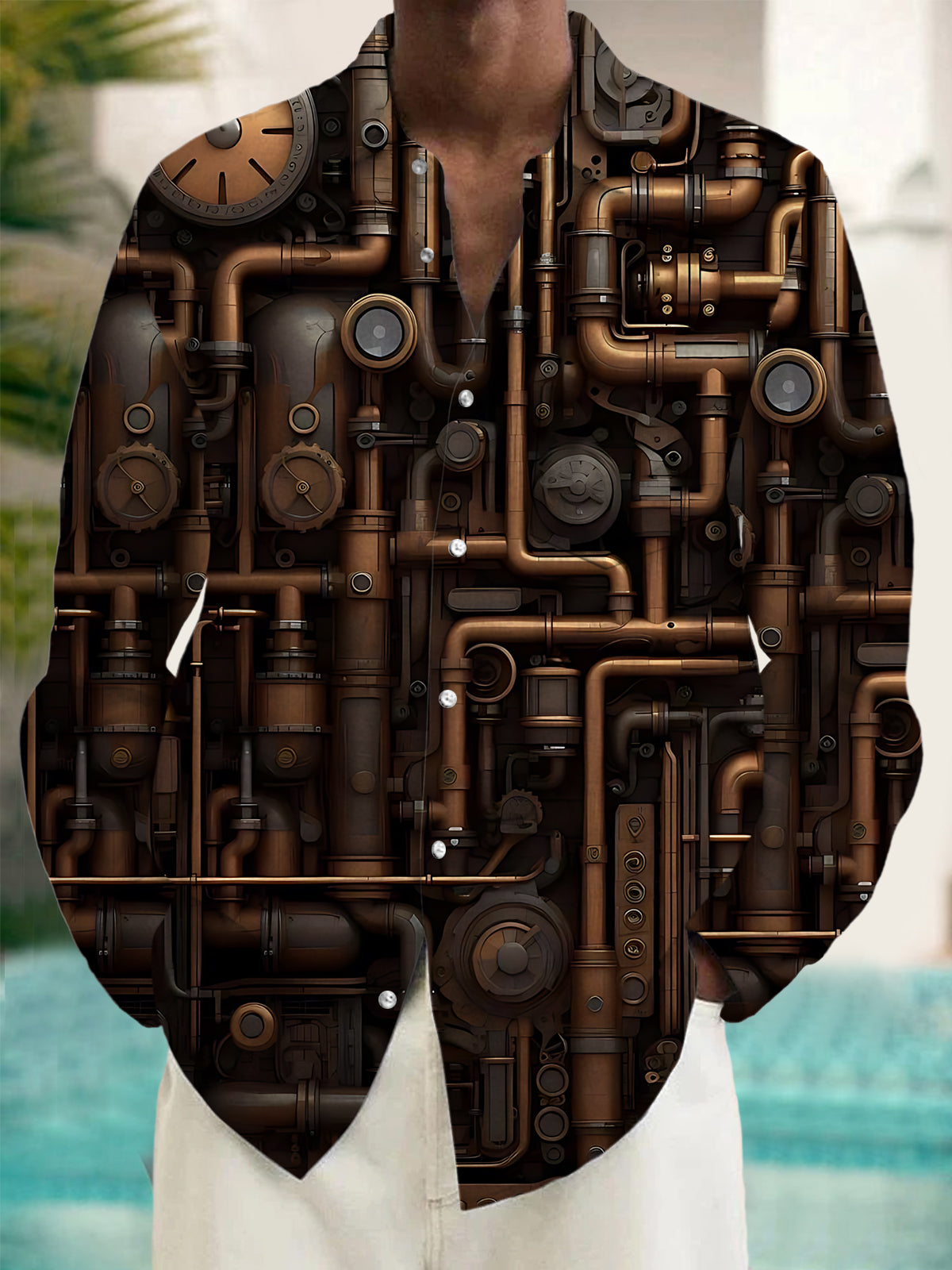 Steampunk Machines Print Men's Pocket Long Sleeve Shirts