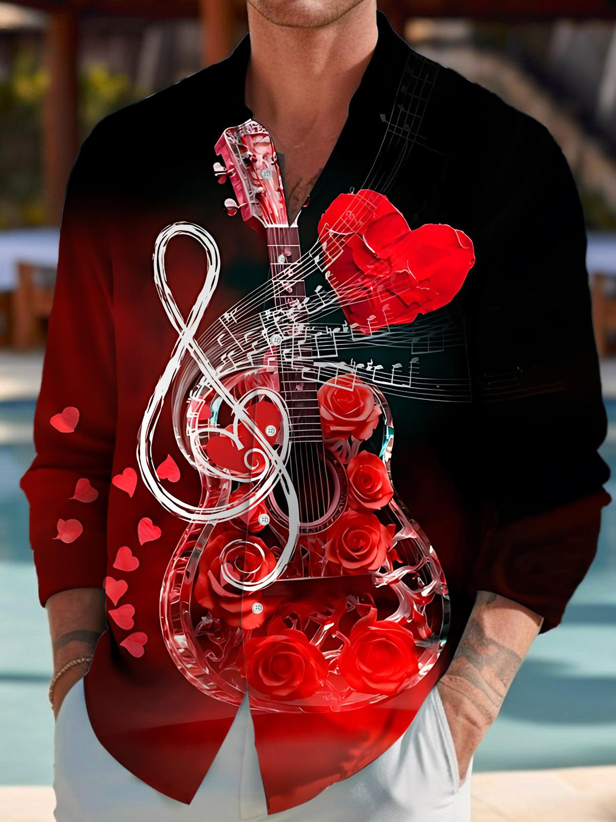 Red Rose Guitar Note Print Men's Pocket Long Sleeve Shirts