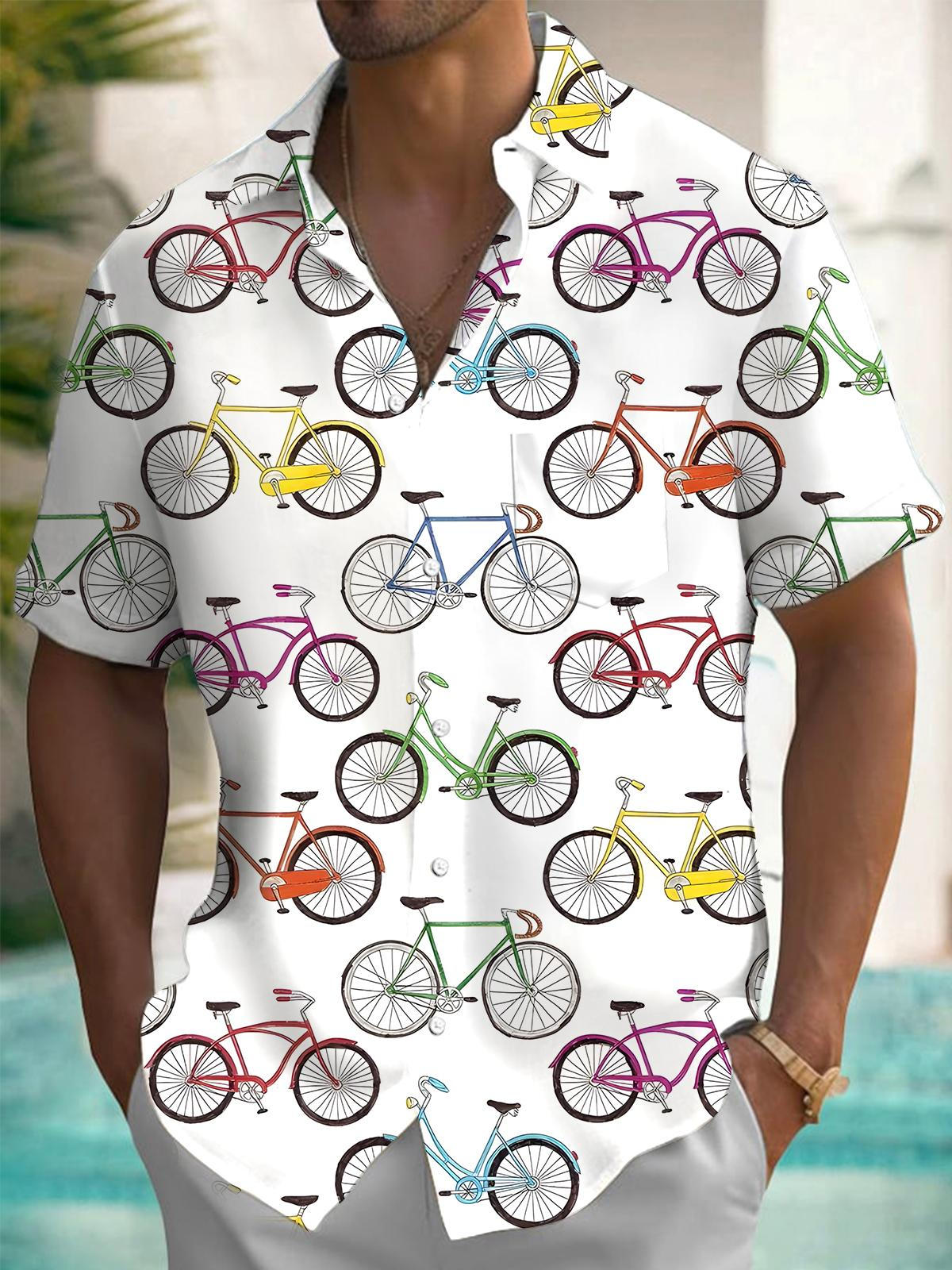 Bicycle Print Men's Pocket Short Sleeve Shirts