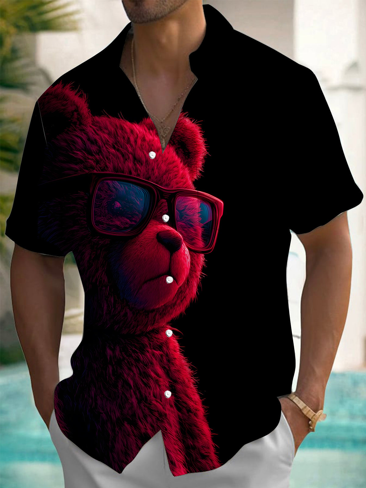 Eyeglass Bear Print Men's Pocket Short Sleeve Shirts