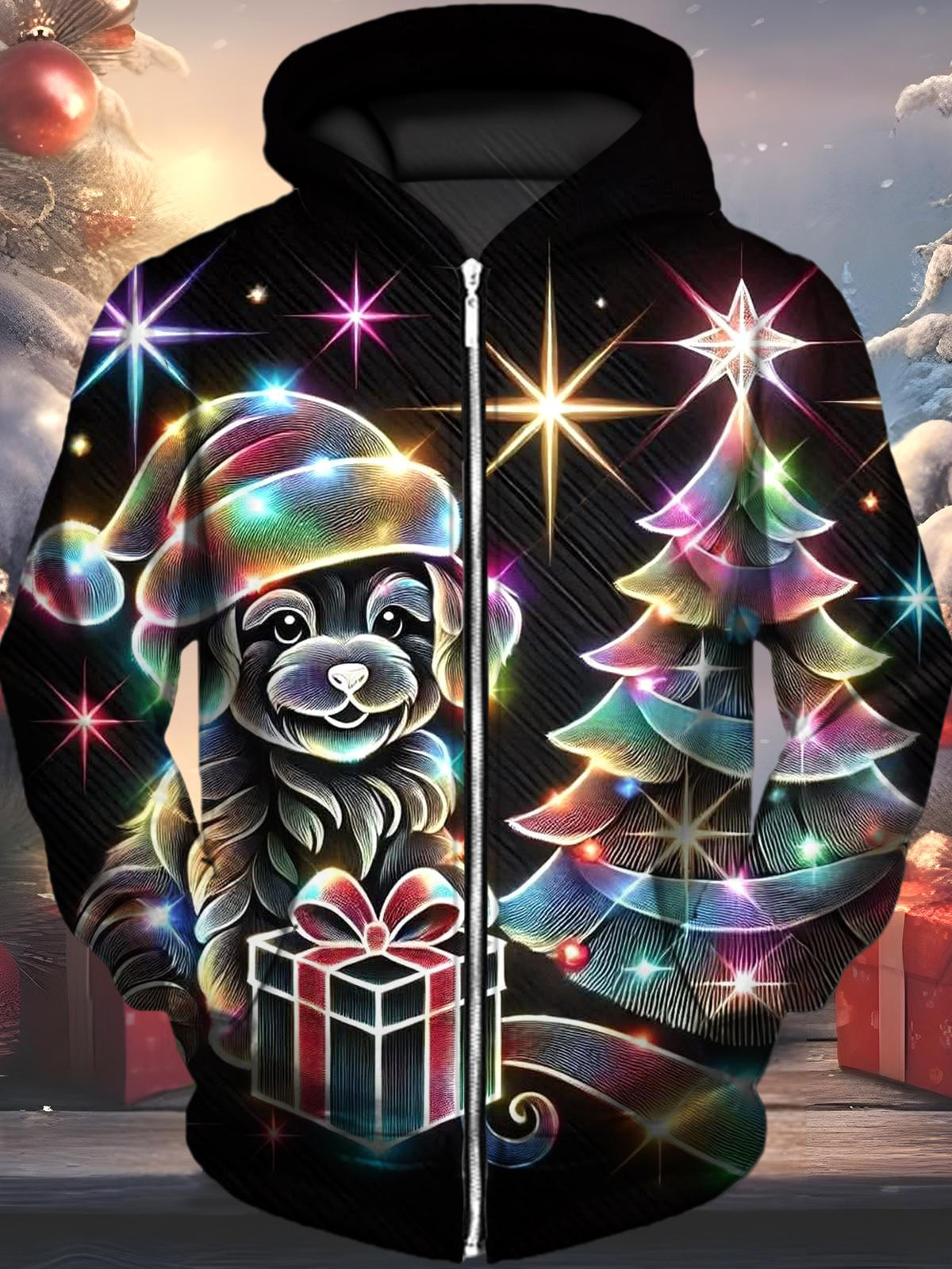 Christmas Tree Puppy Print Men's Pocket Long Sleeve Zip Up Hoodies