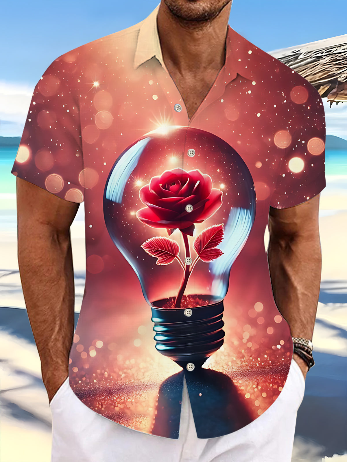 Rose Bulb Print Men's Pocket Short Sleeve Shirts