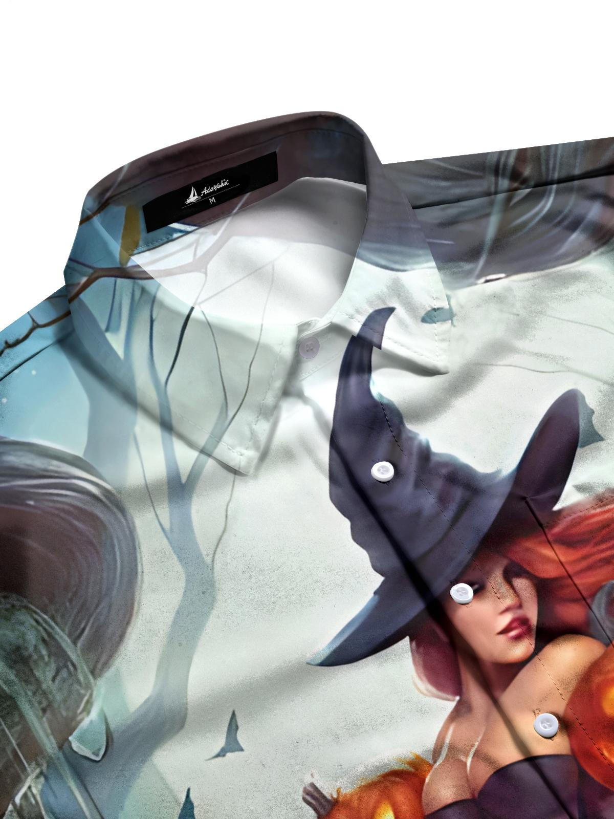 Halloween Witch Pumpkin Print Men's Pocket Short Sleeve Shirts