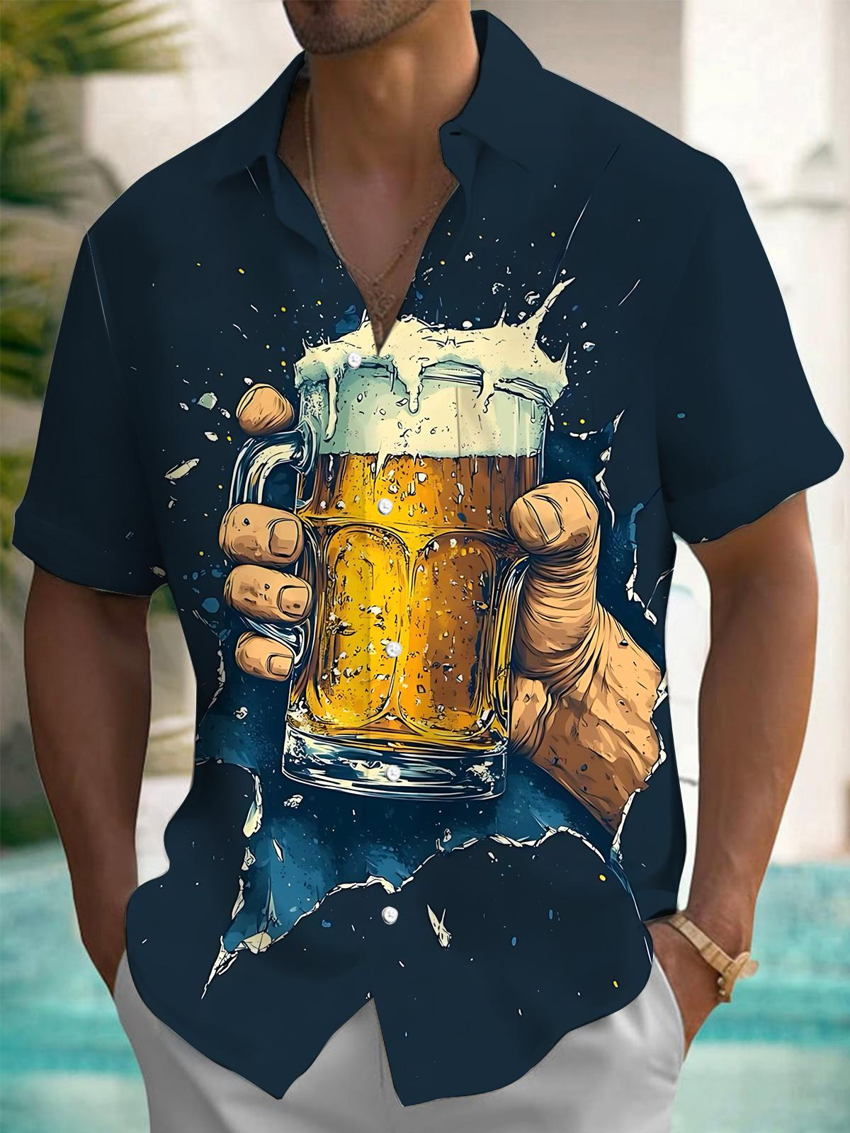 Beer Print Men's Pocket Short Sleeve Shirts
