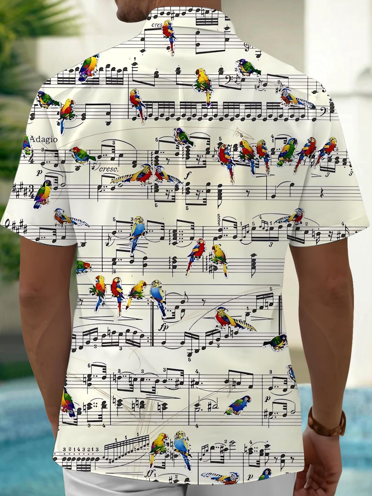 Note Parrot Print Men's Pocket Short Sleeve Shirts