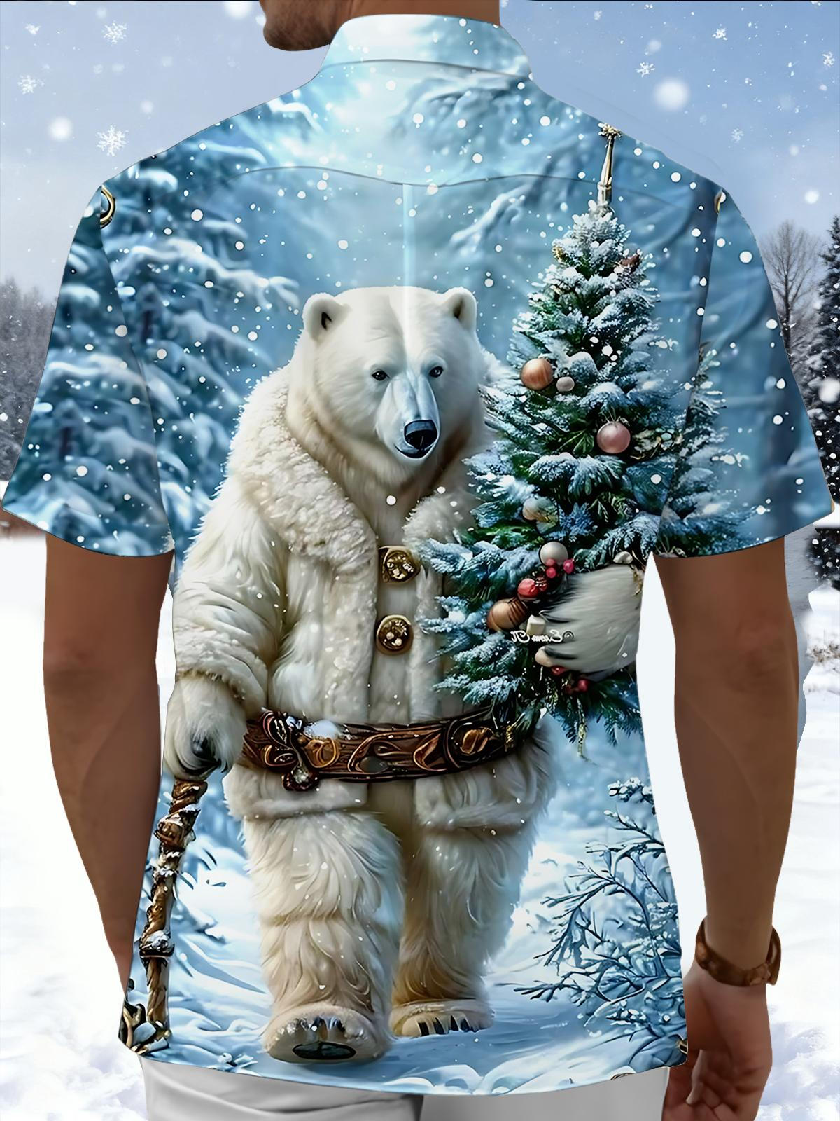 Christmas Tree Polar Bear Print Men's Pocket Short Sleeve Shirts