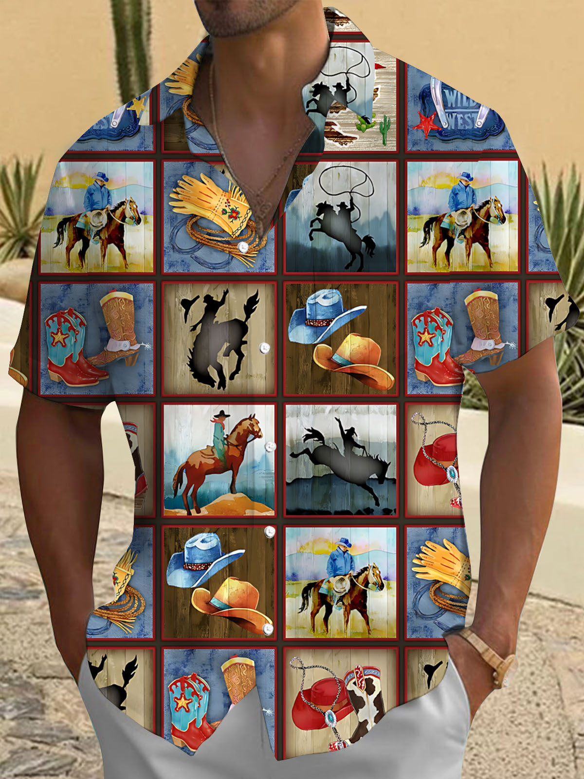 Western Cowboy Print Men's Pocket Short Sleeve Shirts