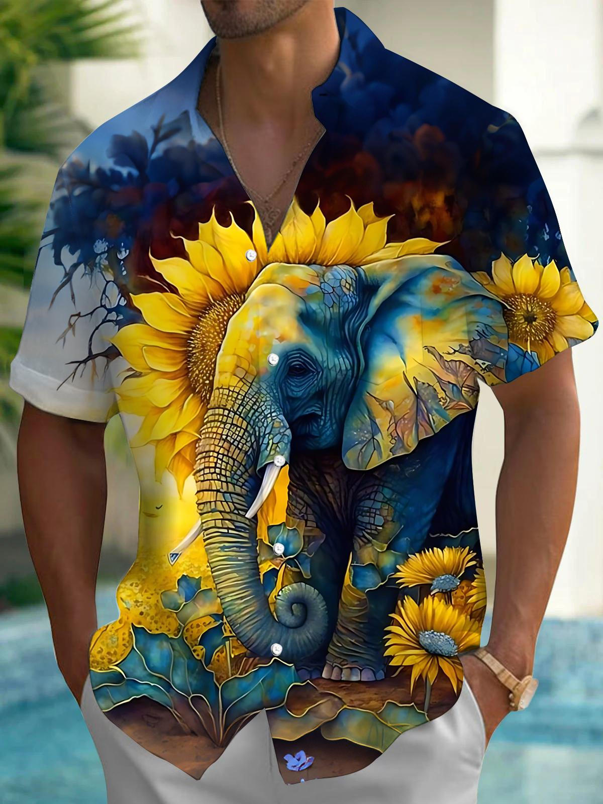 Elephant Sunflower Print Men's Pocket Short Sleeve Shirts