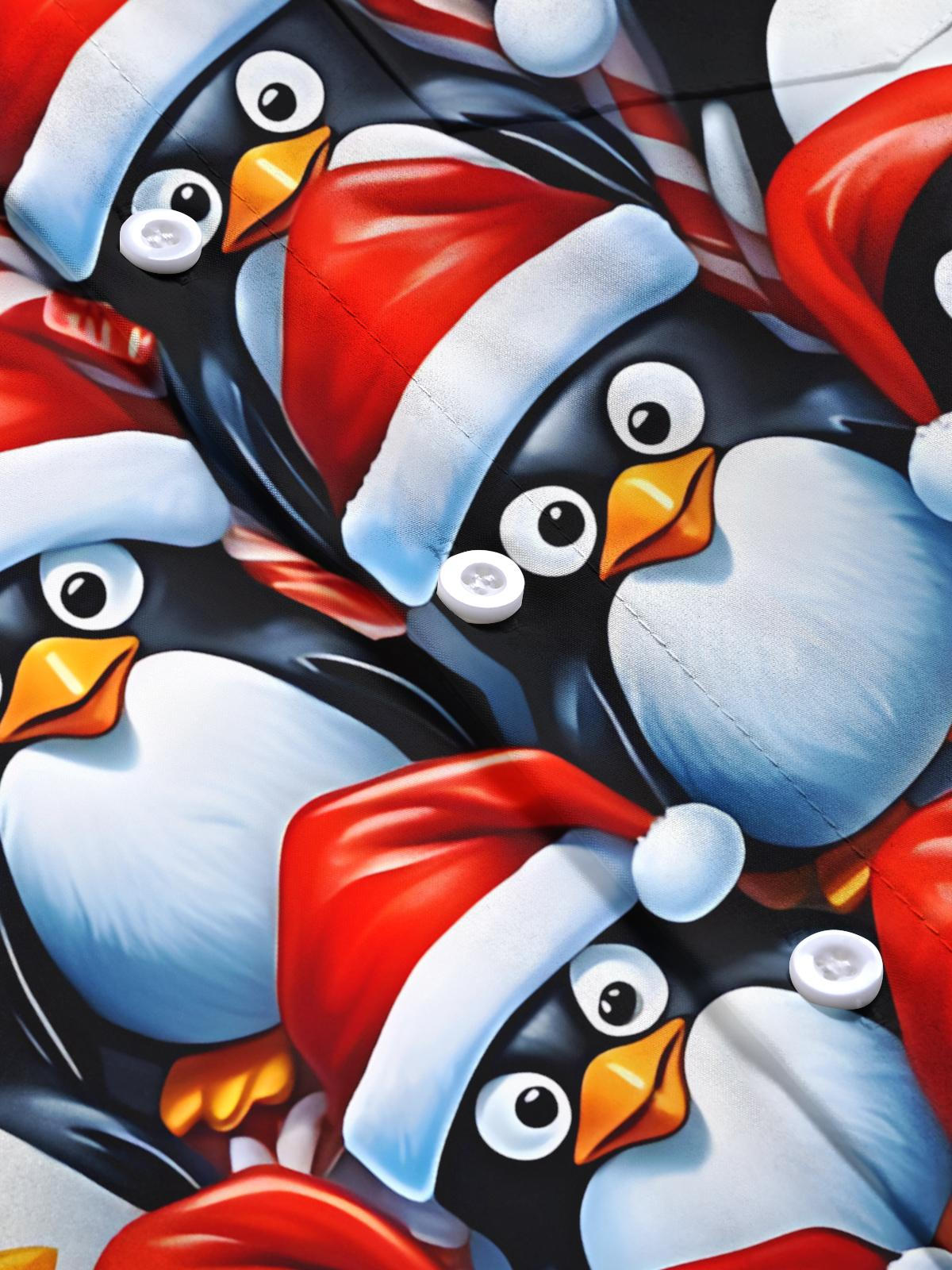 Christmas Penguin Print Men's Pocket Short Sleeve Shirts