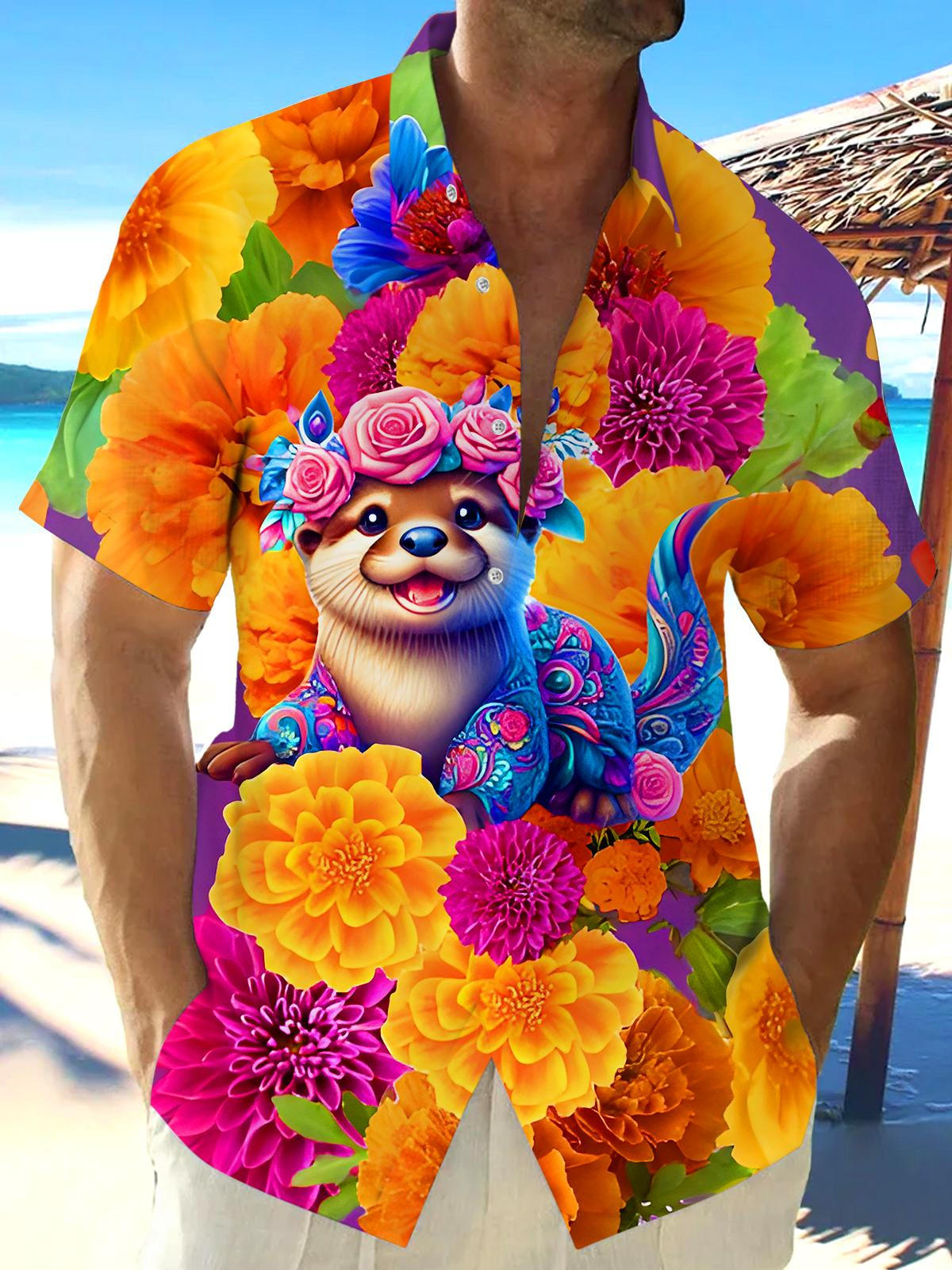 Funny Colorful Floral Otter Men's Pocket Short Sleeve Shirts